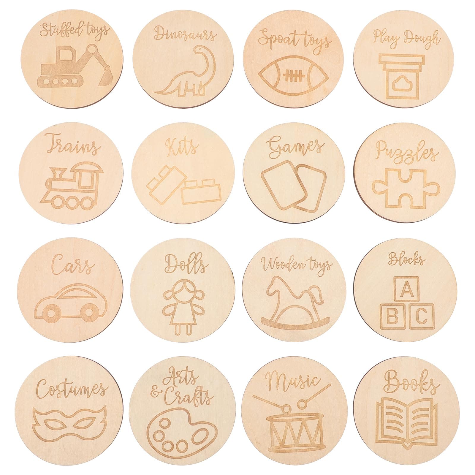 Kisangel 16pcs Wooden Round Tags Playroom Toys Labels Circle Wooden Labels for Toy Organizer Ornament