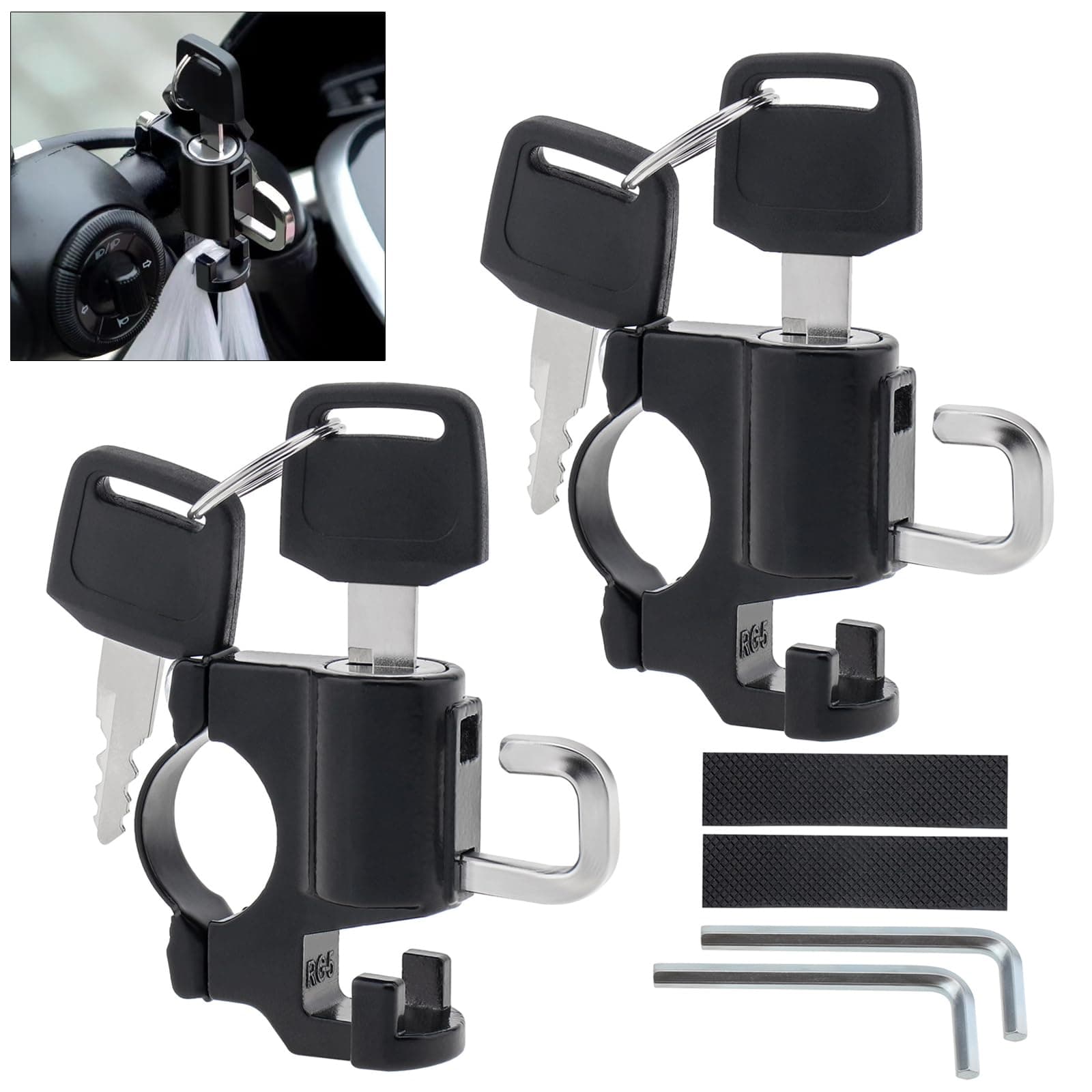 Windance 2PCS Anti-Theft Helmet Lock Hook with Mounting Clamp for Motorcycle Scooter ATV Bicycles, Aluminum Alloy Security Lock (Dual Hook)