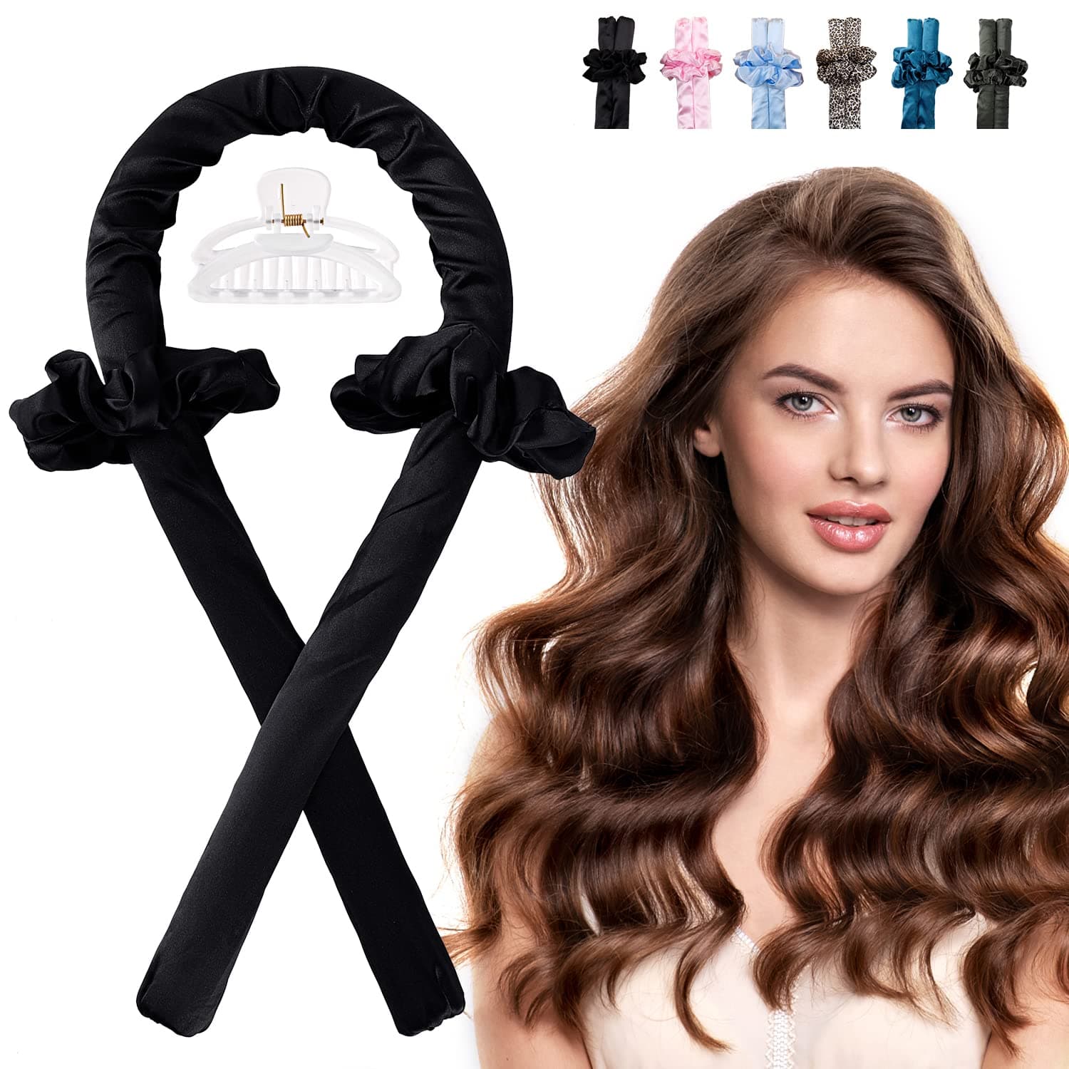 YeelenGet Natural Waves Overnight with Heatless Hair Curling Headband - Long Hair Curler Set with Satin Ribbon Rod, Scrunchie, and Hair Clips (Black)