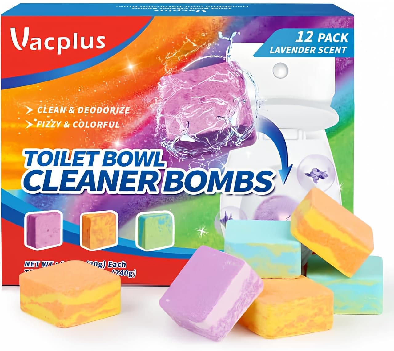 Vacplus Toilet Bowl Cleaners - Fizzy & Colorful Toilet Bowl Cleaner Cubes with Lavender Fragrances, Natural Toilet Bowl Cleaner Tablets for Cleaning & Deodorizing, 12 Pack
