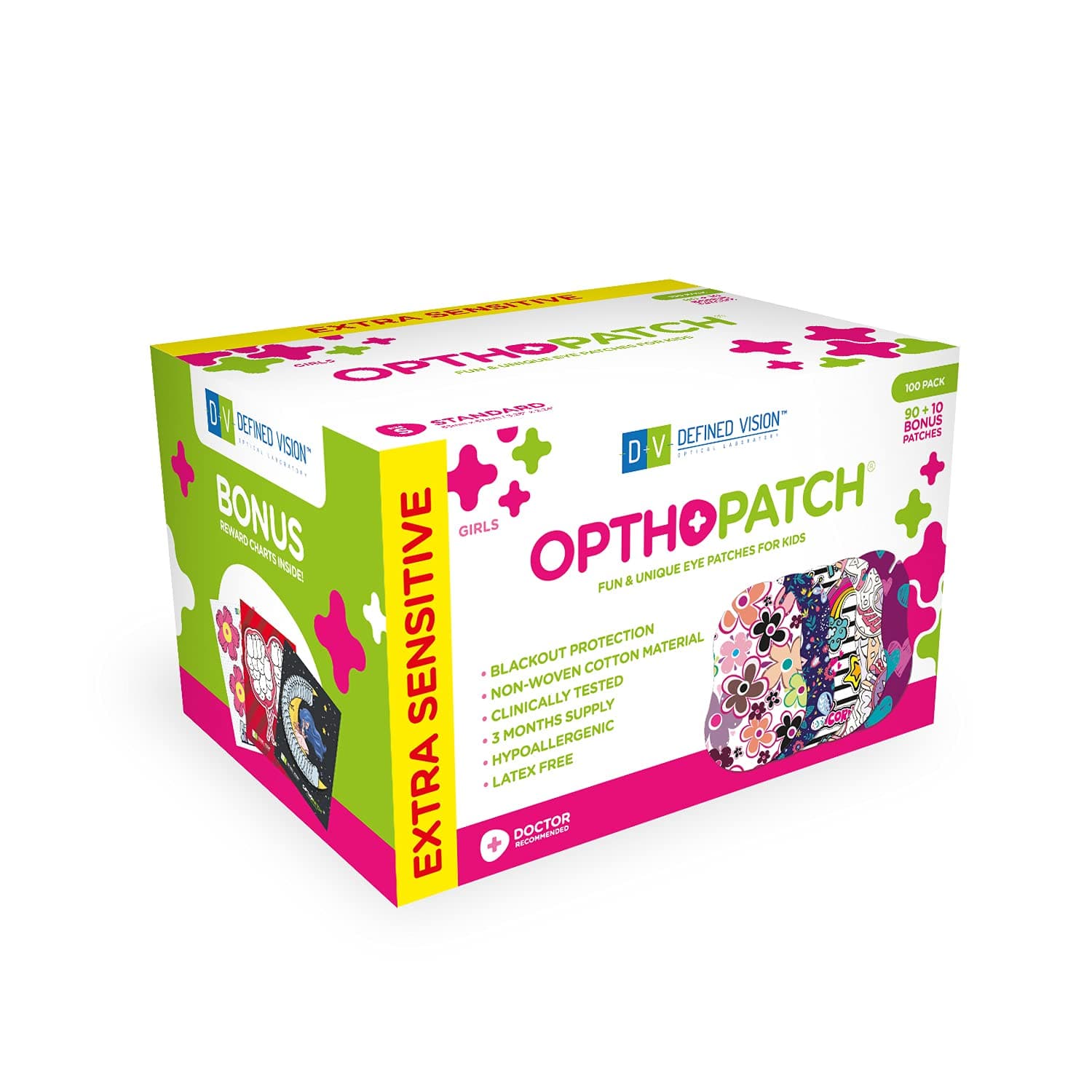 Kids Eye Patches - Fun Girls Design [Series II] - 90 + 10 Bonus Latex Free Hypoallergenic Cotton Adhesive Bandages for Amblyopia and Cross Eye - 3 Reward Chart Posters by Defined Vision