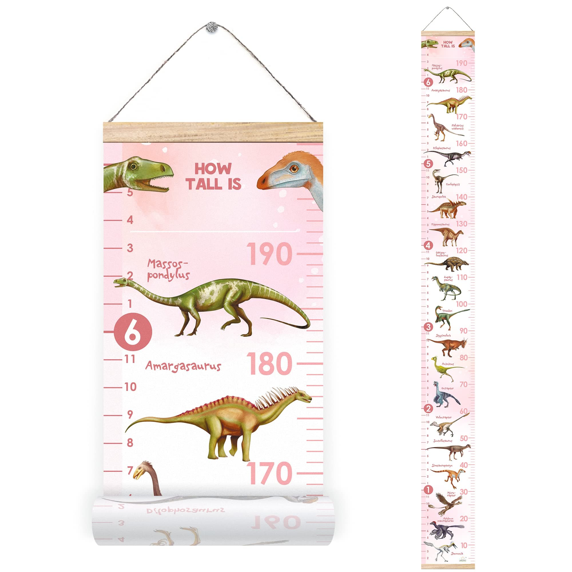 LIFELIKO Personalised Growth Chart for Dinosaur Lovers, Removable Wall Ruler for Boys and Girls, Kid’s Room Decoration (Pink)