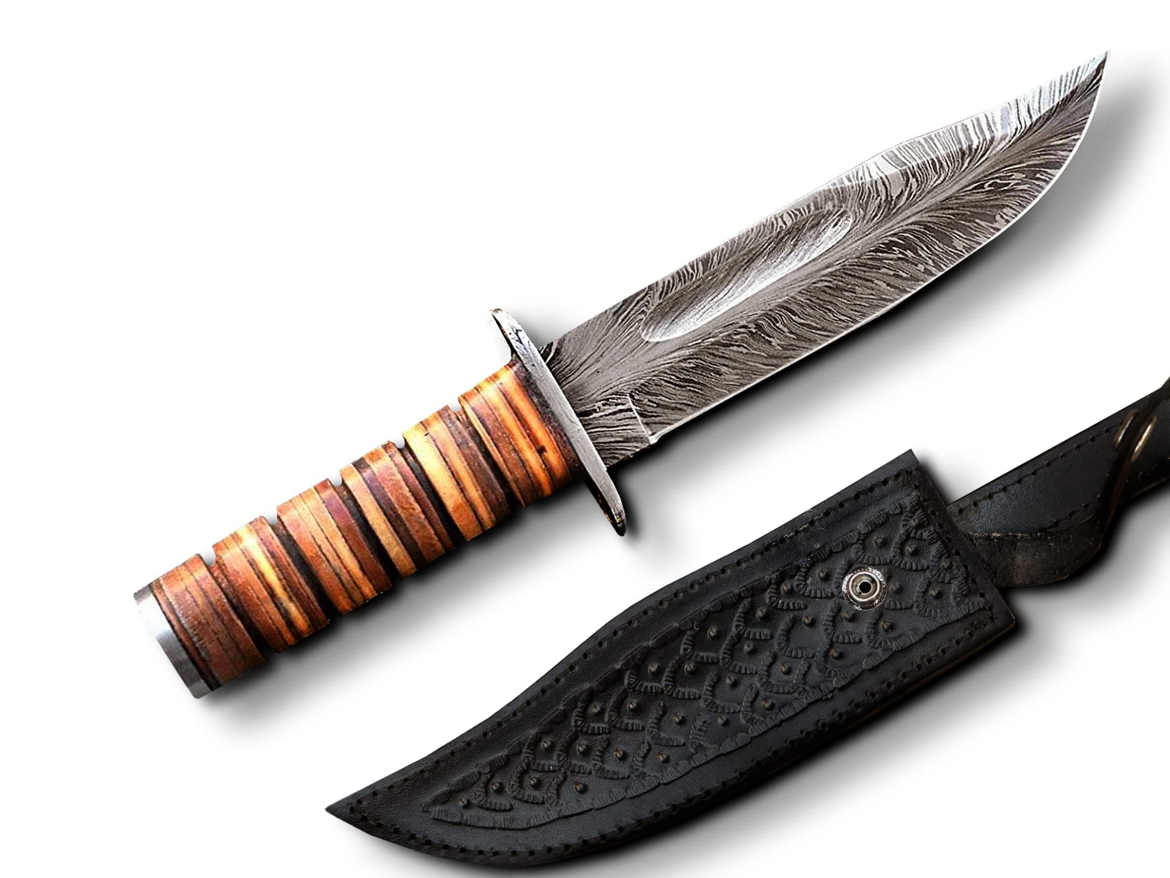 Custom Damascus Hunting Knife With Sheath, Fixed Blade Damascus Knife, Full Tang Survival Knife For Camping, Hiking, High End Knives Of Damascus Steel Bowie Knife For Hunting