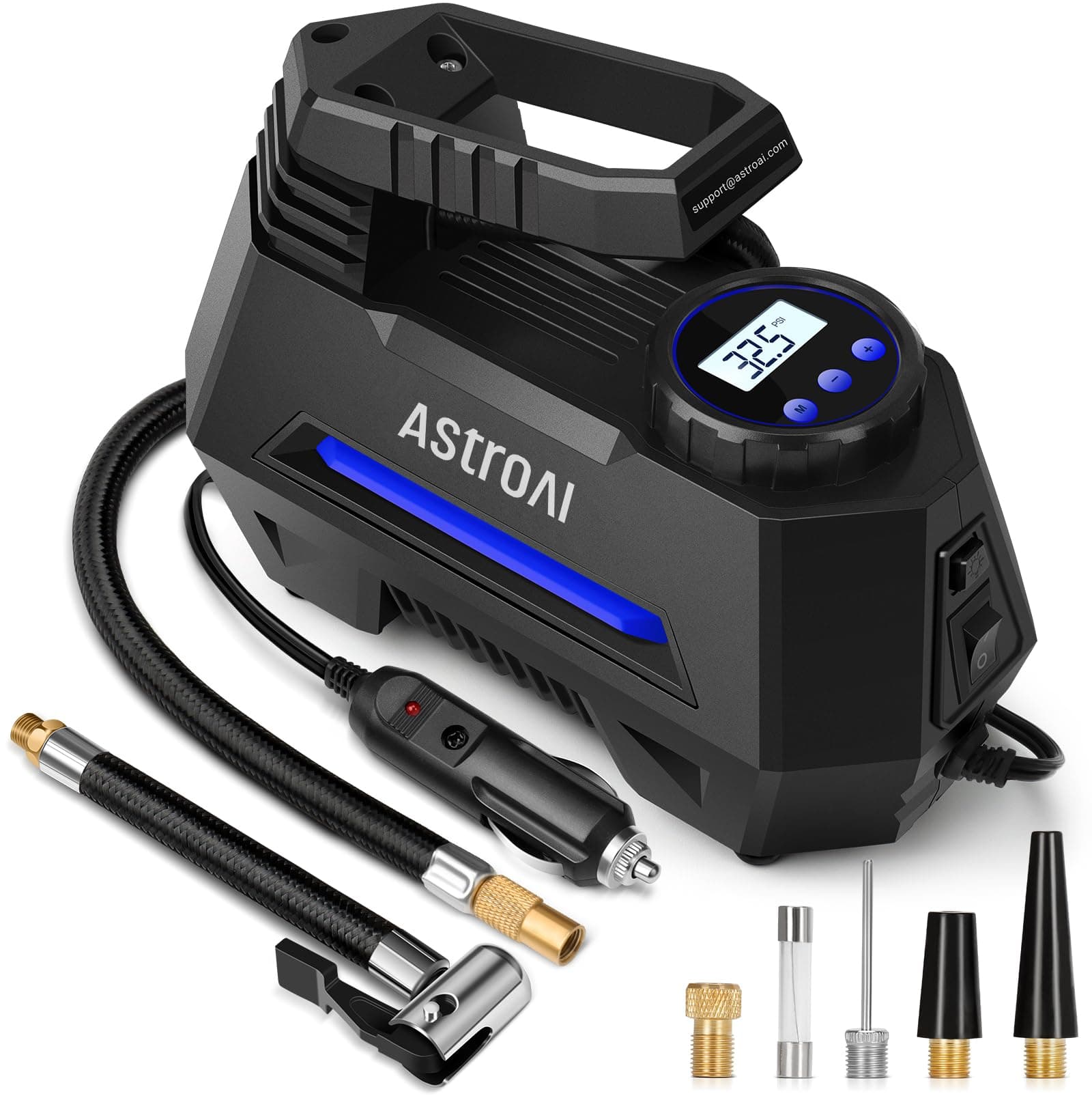 AstroAI Car Air Compressor, Portable Digital Electric Air Pump with LCD Display, DC 12V, Packing for Car, Bicycle, Motorcycle, Ball, Air Cushion etc. (Blue)