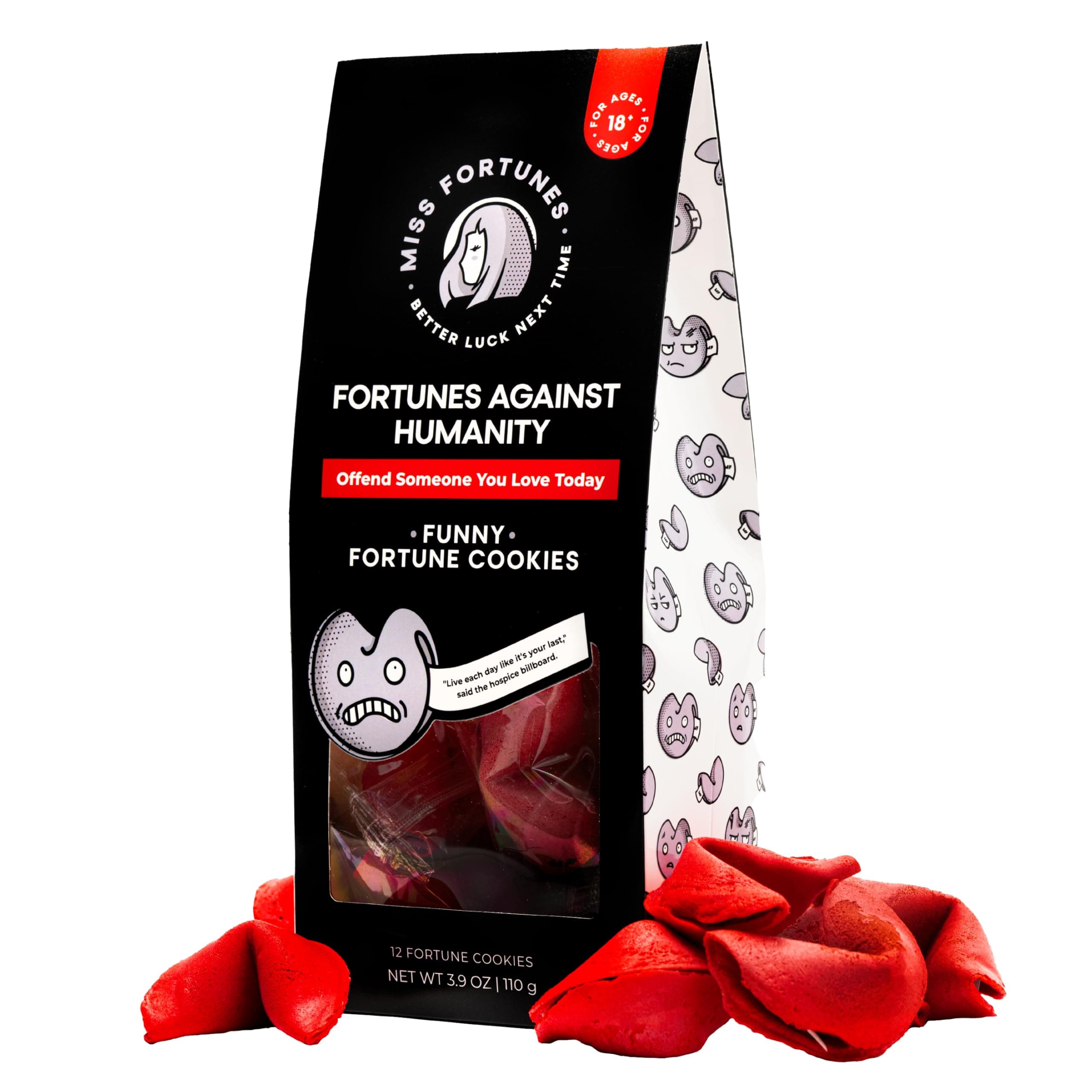 Miss Fortunes, Funny Fortune Cookies, Fortunes Against Humanity, Offend Someone You Love Today! Adult Party Idea with Dark Humor (Bag of 12 Individually Wrapped Cookies)