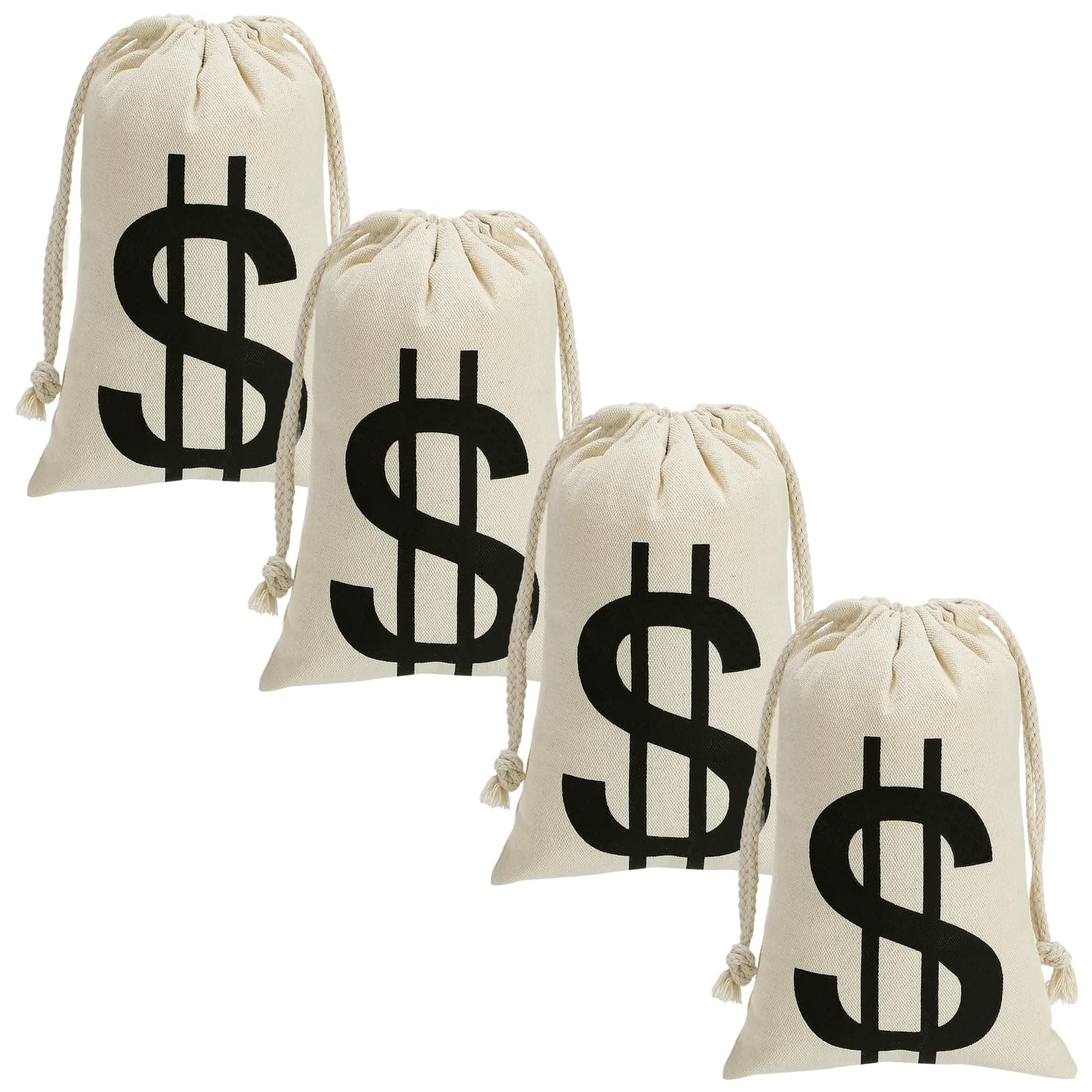 4Pcs 6.3 x 9 Inches Canvas Money Bags - Halloween Prop Money Bag with Dollar Sign, Money Sacks for Bank Robber Costume Pirate Cosplay Theme Party