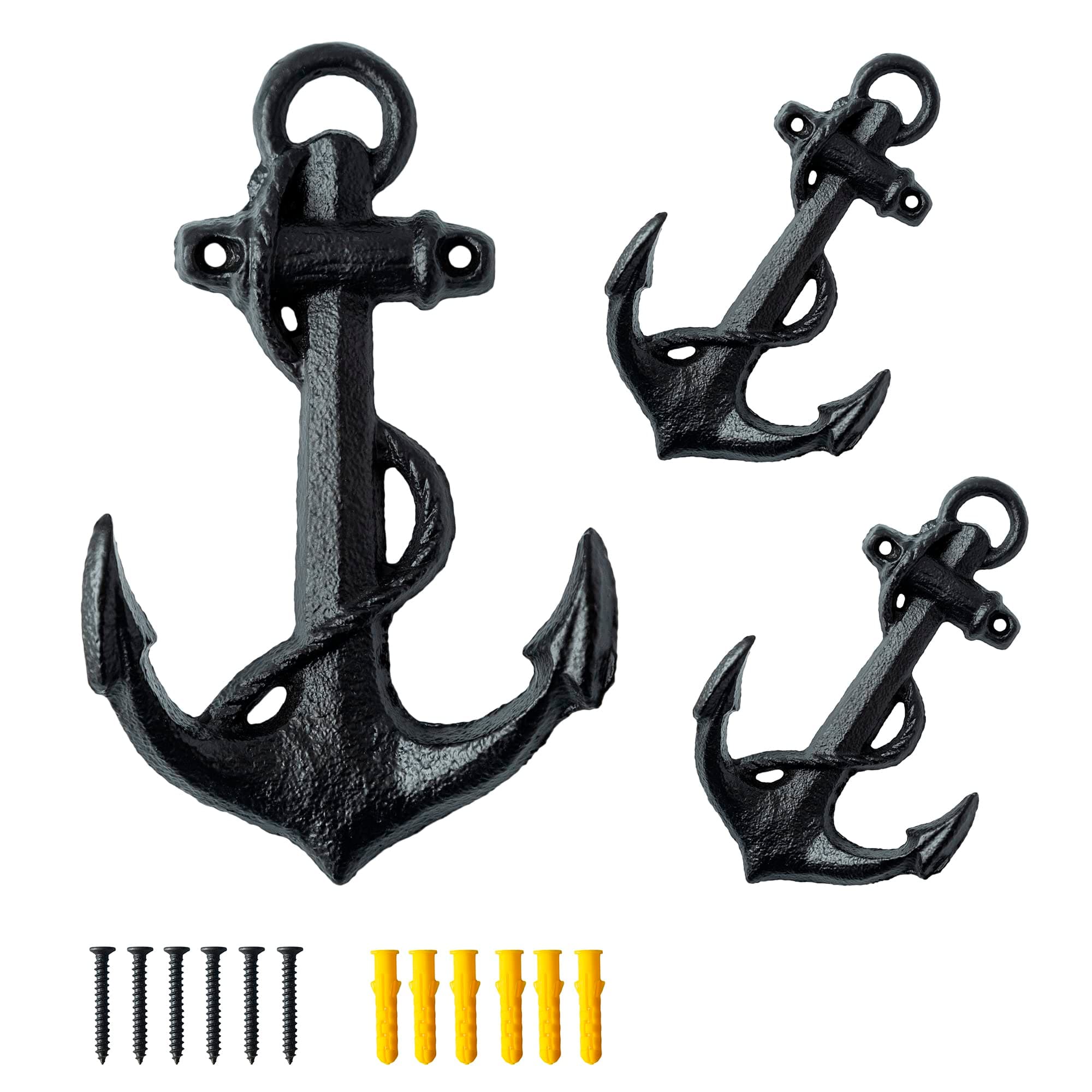 SMKOLIN3 Pcs Cast Iron Anchor Hooks 6 1/3'' Decorative Wall Hooks Vintage Coat Towel Hat Hooks Antique Black