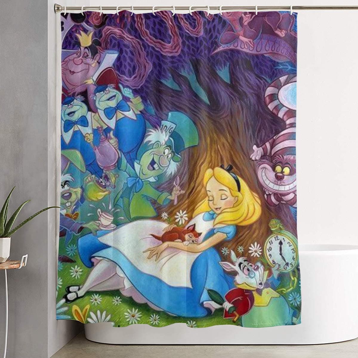 Duwamesva Shower Curtain Alice in Wonderland Art Print, Polyester Fabric Bathroom Decorations Collection with Hooks- 60 X 72 Inch