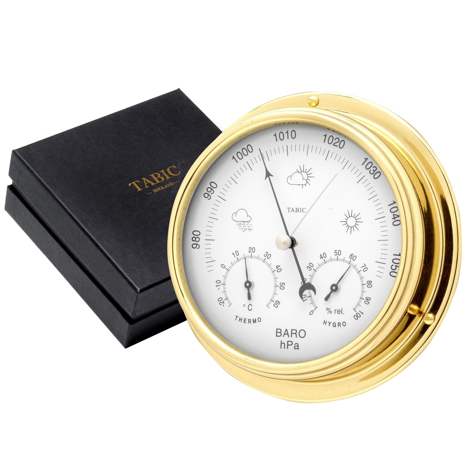 Tabic Handcrafted Brass Barometer with Built-In Hygrometer, Thermometer and Nautical Clock - Sailing Ship Yacht, Marine Coastal Decor - Lacquered Brass (1/2 kg) - Temperature and Humidity Reading