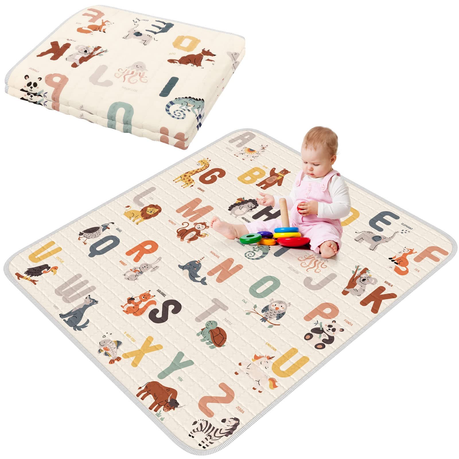 Funtery 43 x 43 Inch Boho Baby Play Mat Portable Crawling Washable Foldable Tummy Time Non Slip Baby Floor Large Playpen Mat for Infants Toddlers Floor Playpen Activity(Woodland Animal)
