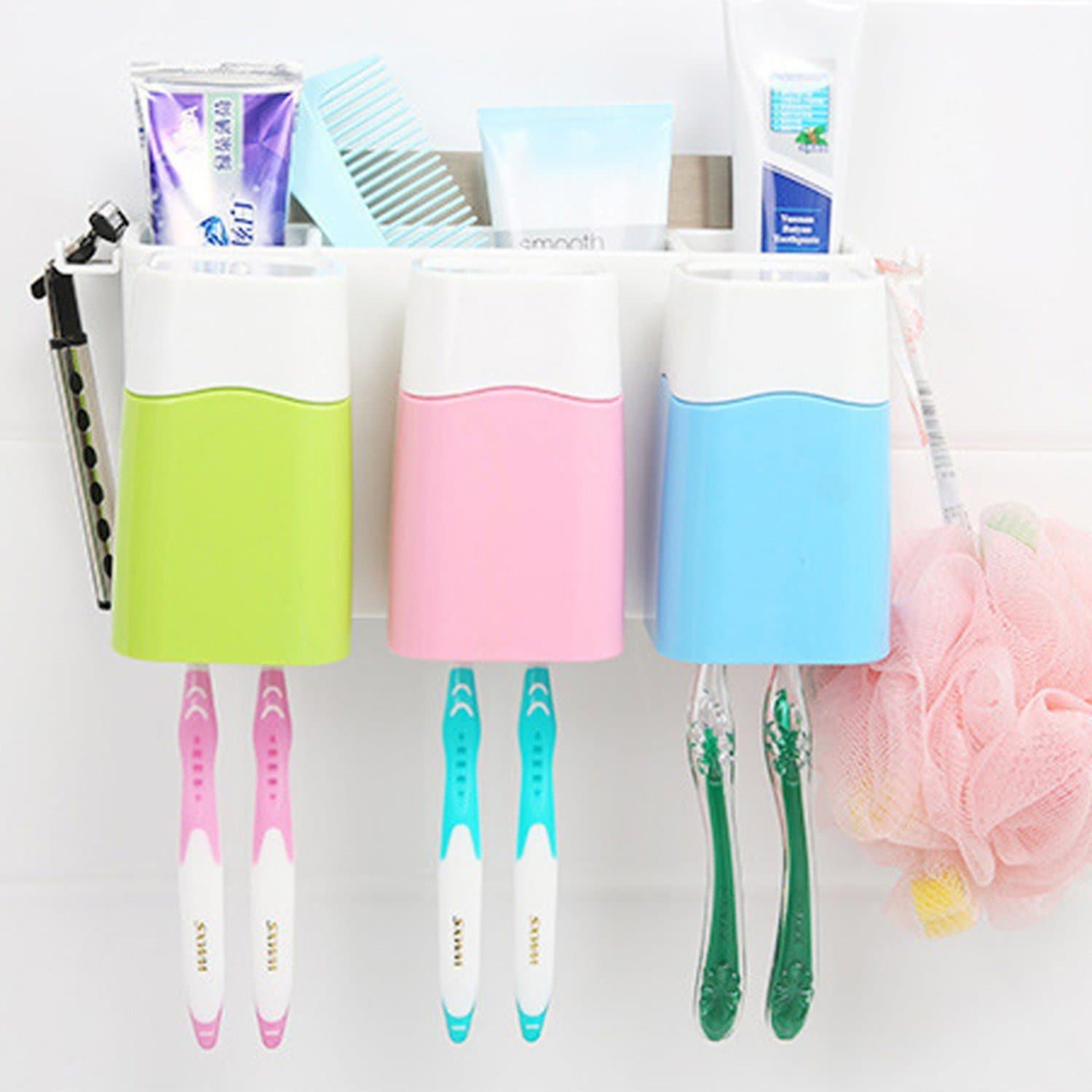 3 Colors Useful Design Bathroom Toothbrush Holder Cup Set Powerful Wall Suction Toothbrushes Toothpaste Stand Rack Accessories