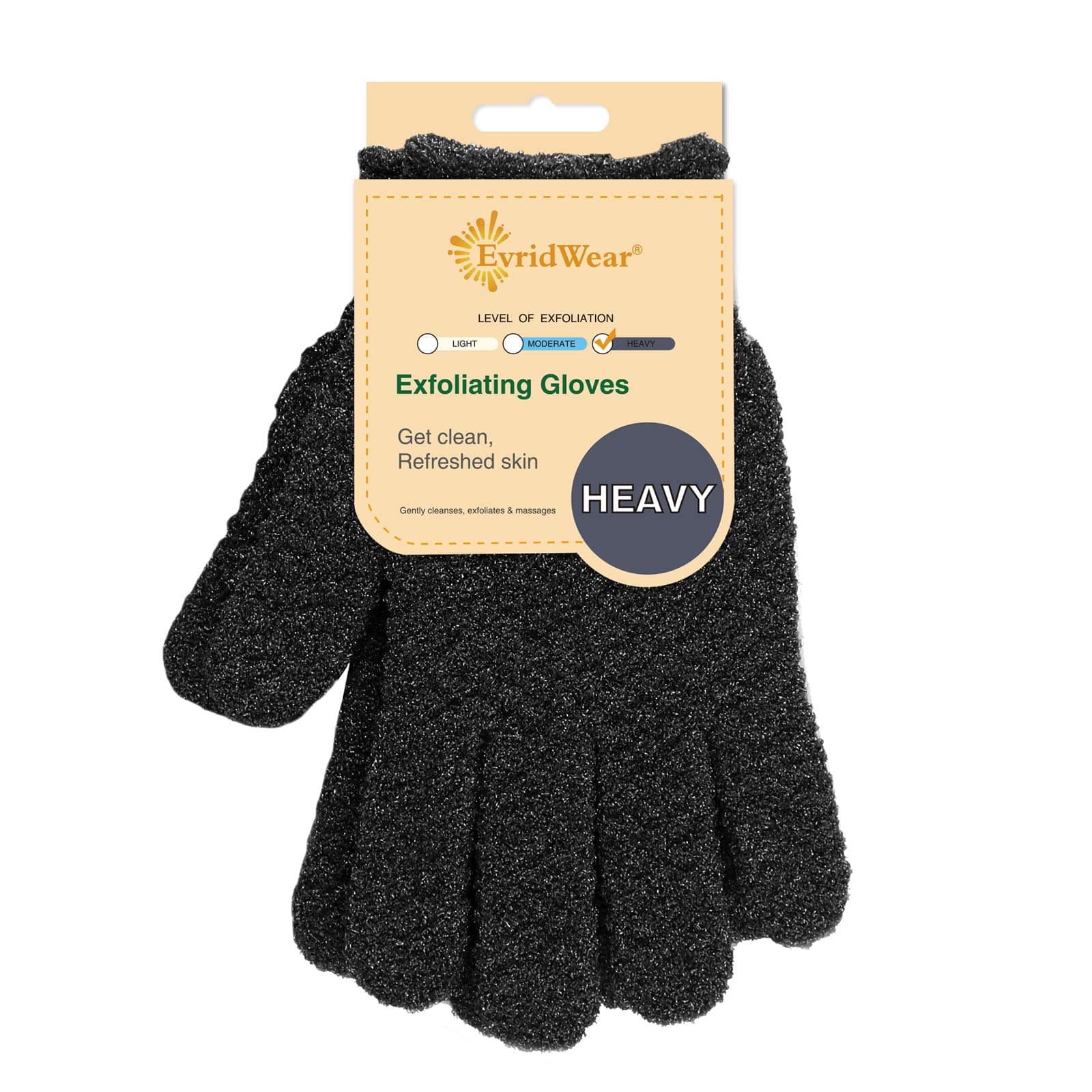 Evridwear Exfoliating Dual Texture Bath Gloves for Shower, Spa, Massage and Body Scrubs, Dead Skin Cell Remover, Gloves with hanging loop (1 Pair Heavy Glove) (Black)