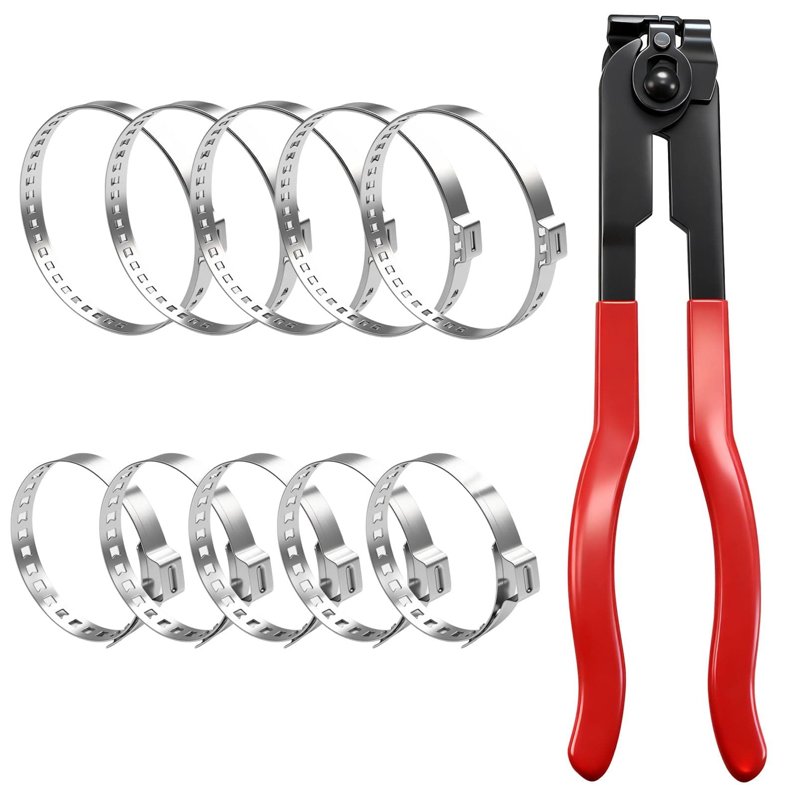 CV Boot Clamp Plier with 10PCS 304 Stainless Steel Crimp Bands, 5PCS Small and 5PCS Large Universal Adjustable Drive Shaft Drive Shaft Joint Boot Crimp Clamps for Most Cars