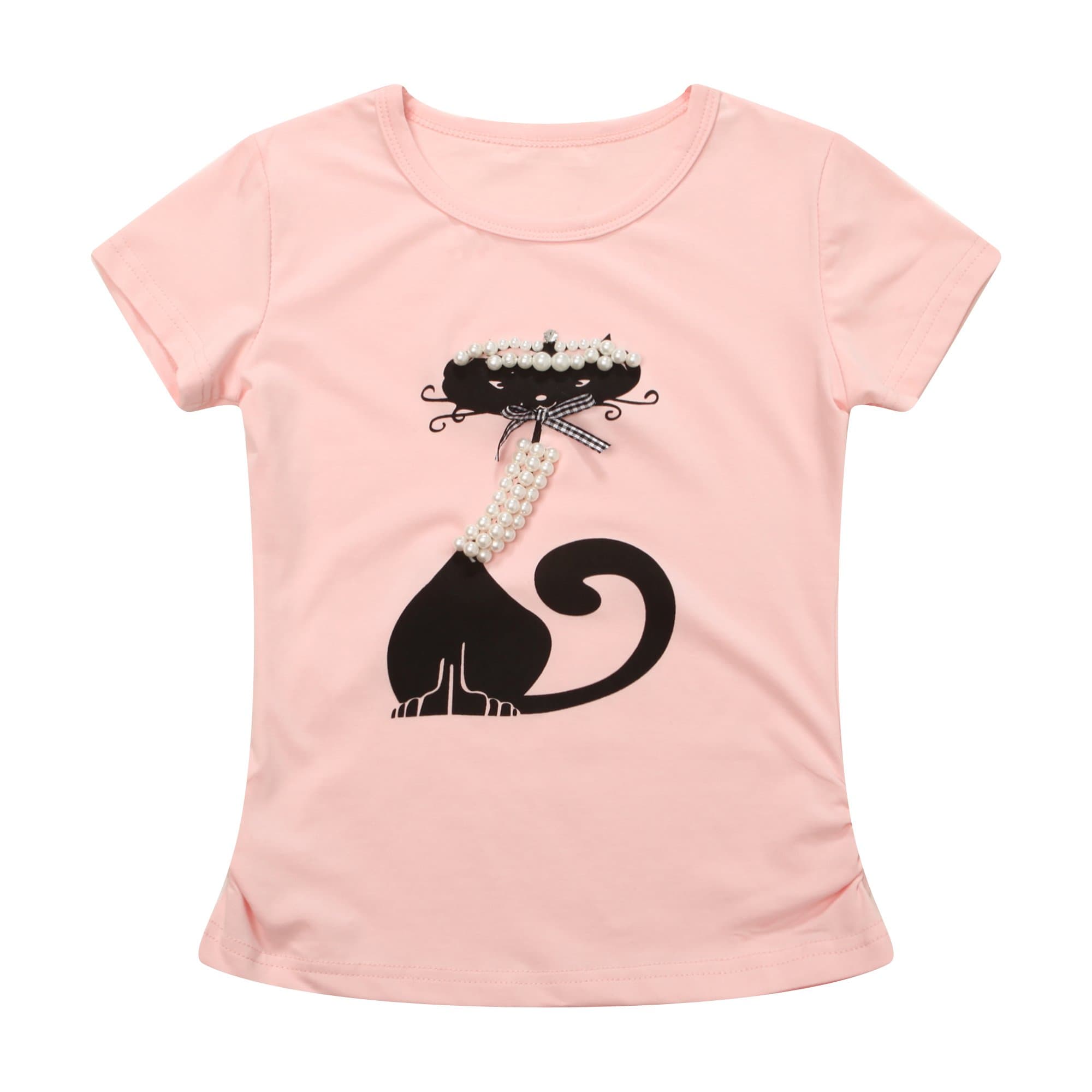 Richie House Little Girls' Short Sleeve T-Shirt with Cat and Pearls Rh1531