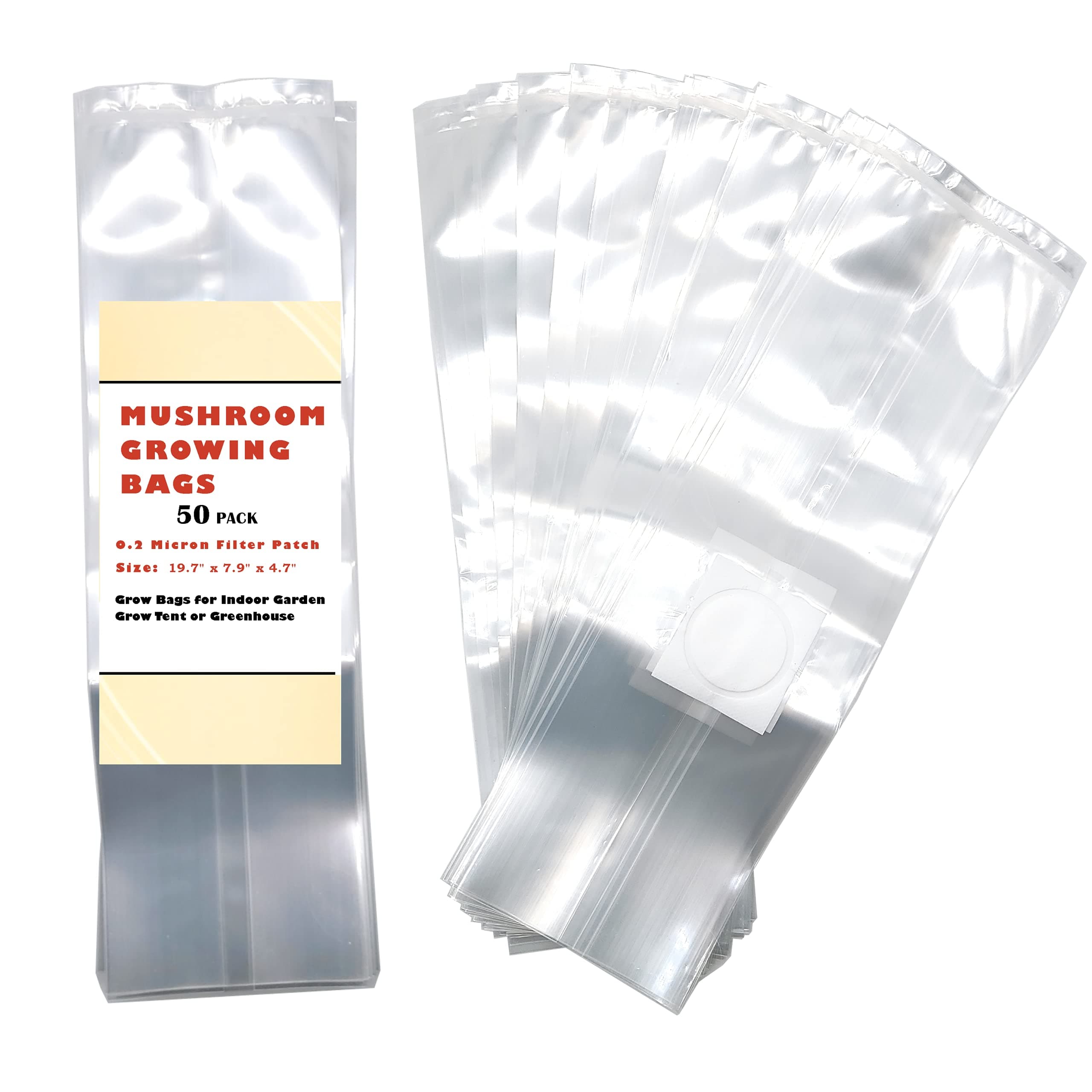 50 Pack, Extra Large Mushroom Grow and Spawn Bags - Extra Thick Polypropylene Material, Tear Resistant - Size 20" X 8" X 4.7" with 0.2 Micron Filter Breathable - Spawn Rye