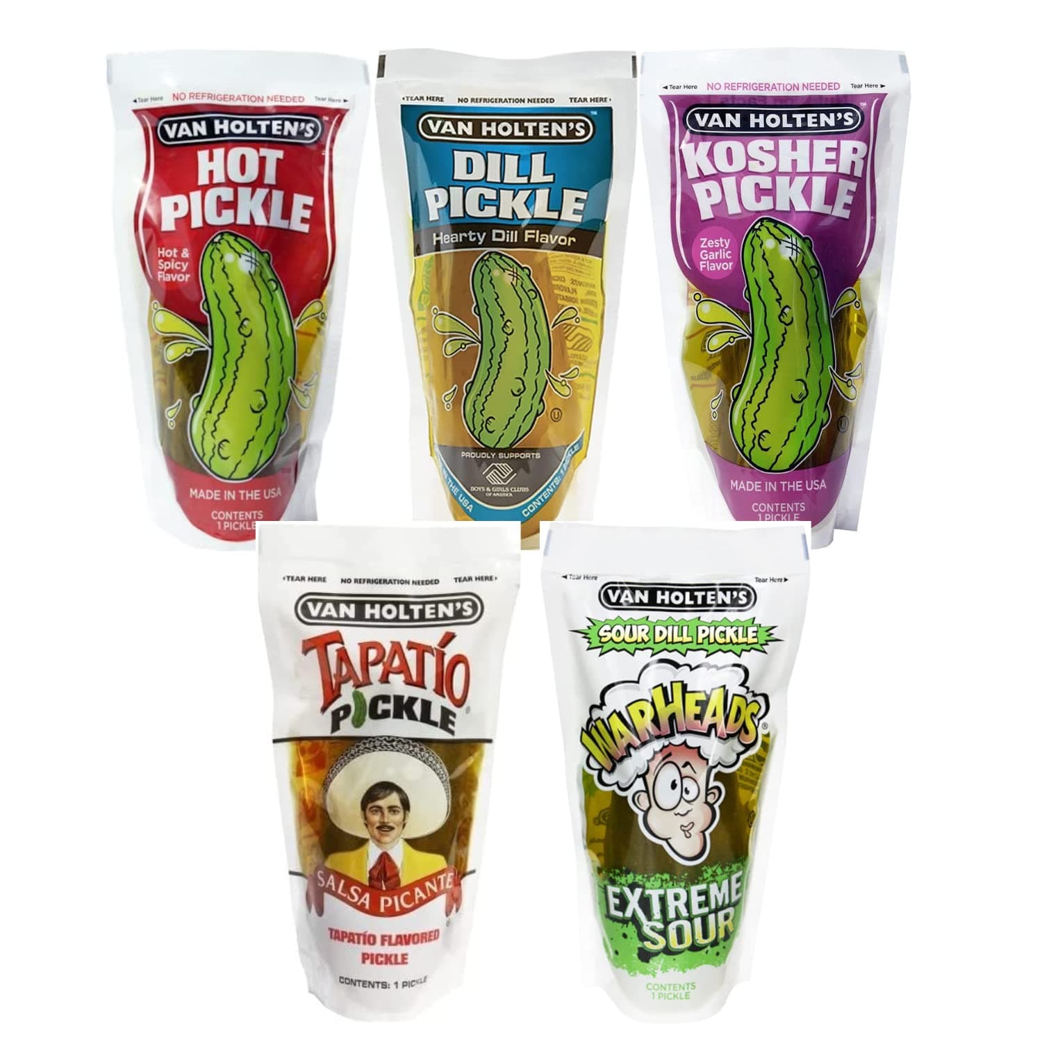 Van Holten Jumbo Pickles | Pickle in a Pouch Sampler| 1 x Hot & Spicy, 1 x Hearty Dill, 1 x Zesty Garlic, 1 x Tapatio, 1 x Warheads Sour Pickle | American Food | TikTok Fav | Healthy Snack | Pack of 5
