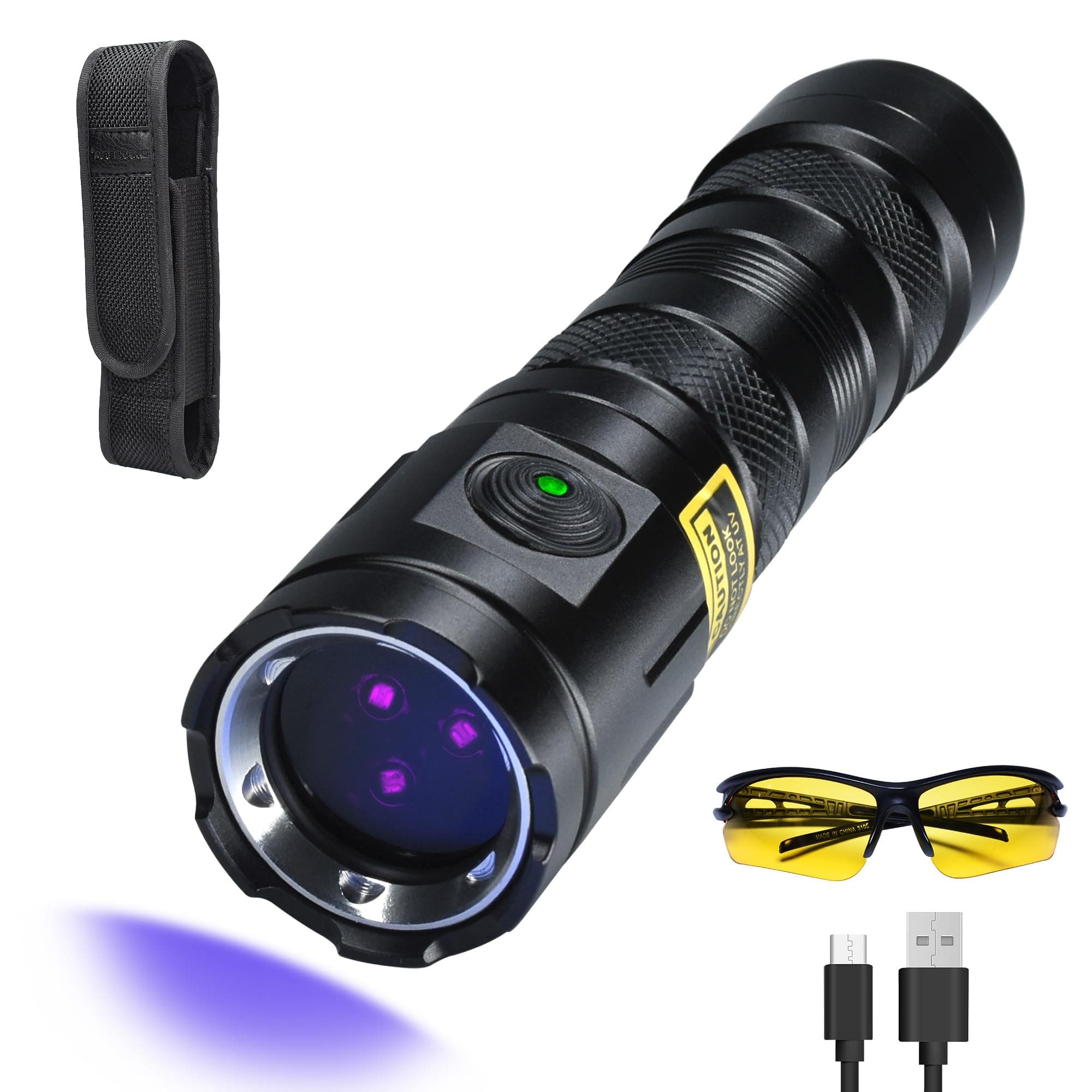 DARKDAWNHigh Power UV 365nm Flashlight, 20W Ultraviolet Rechargeable Light USB-C with Black Mirror, Mini Woods Lamp 3 LEDs Black Light for Dog/Cat Urine Detector, Anti-counterfeiting Identification