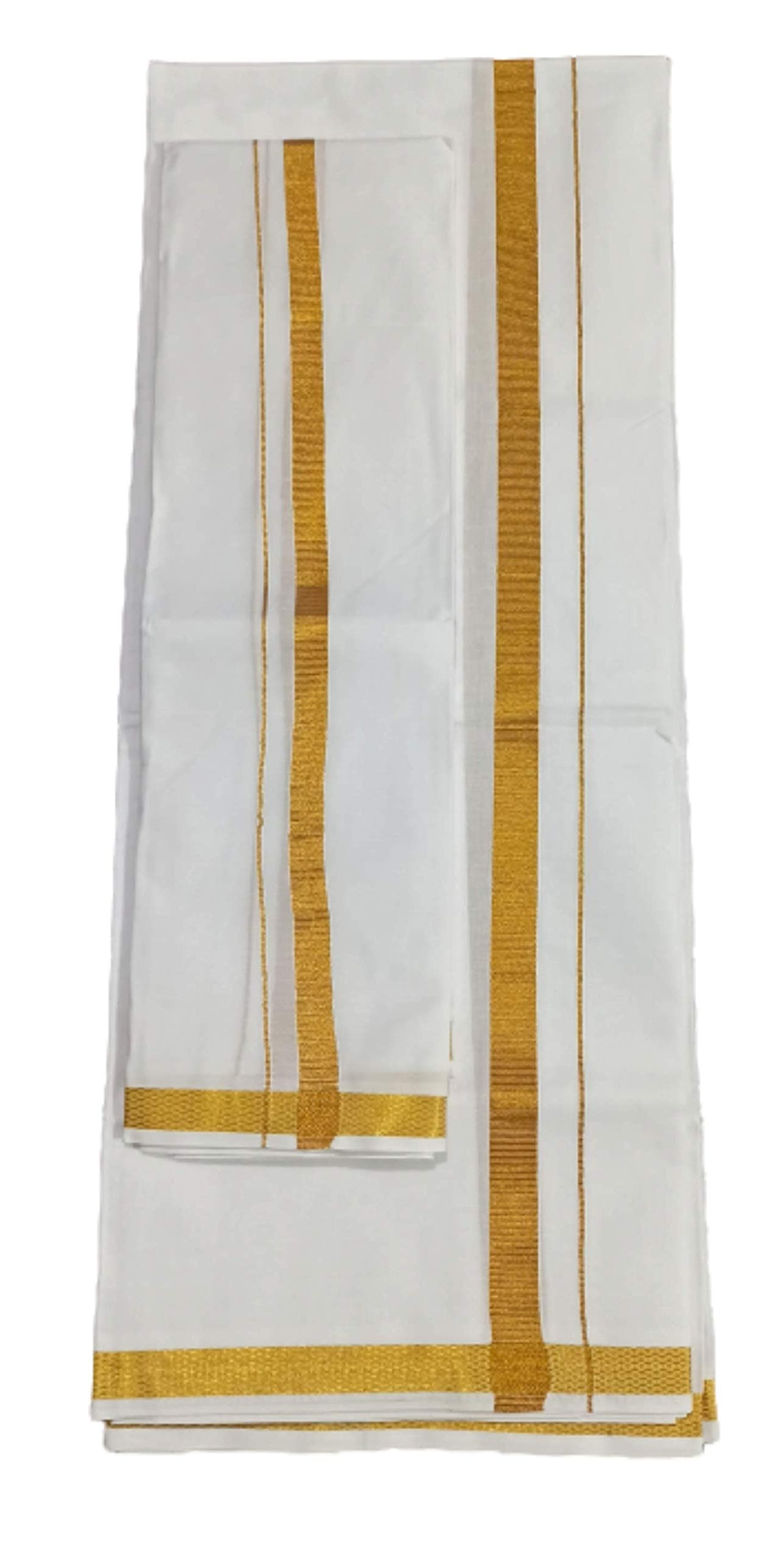 SMT Men's Traditional Cotton Single Dhoti Lunge with Big Gold Border.Plus 1 Angvastram Towel 1.80 Meters Length.(White, Free Size ).Set.A1