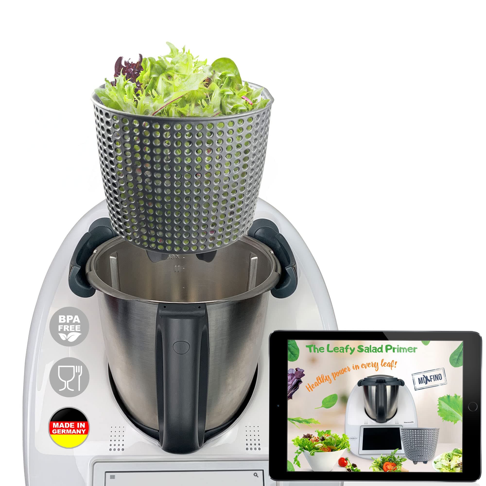 NEW: MixFino Salad Spinner for Thermomix TM6 Accessories TM5 - dry salad at last with your Thermomix TM6 also for TM5 Accessories - Accessories Thermomix TM6 - Made in Germany Quality, Diamond Grey