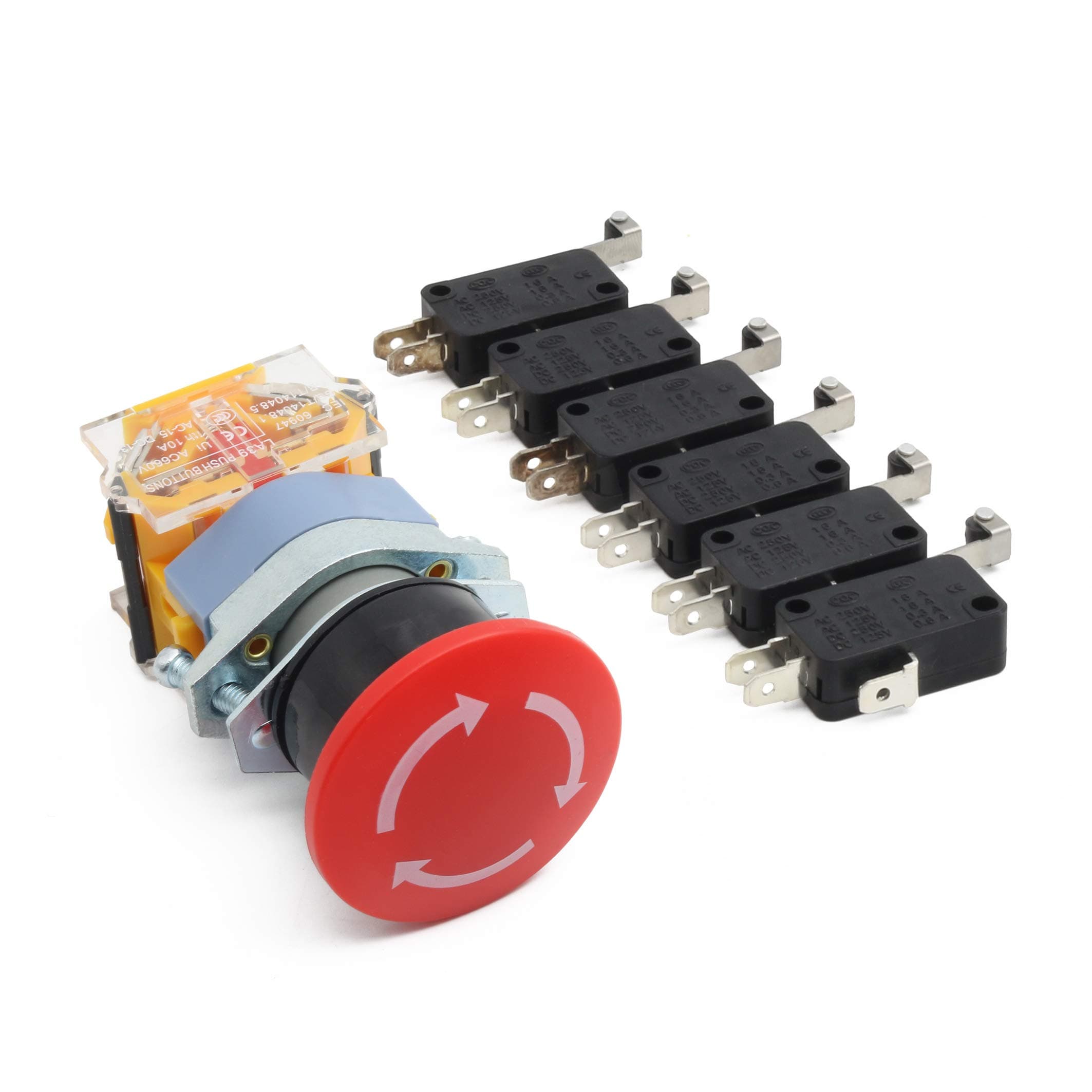 RATTMMOTOR Emergency Push Button Switch AC 400V Mushroom Red Sign E-Stop 22mm NO NC + 6pcs End Stop Micro Limited Switch for CNC Router Machine
