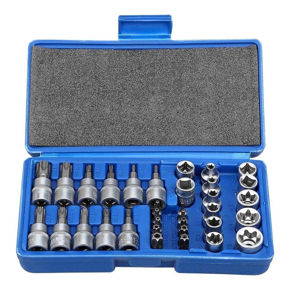 Drive Male Female Torx Star Bit Socket E-Socket Set Handheld Tool - 34 Pcs, Star Socket Set For Hand Use Work On Cars, Trucks, Machinery, and Other Jobs With Storage Case, Blue