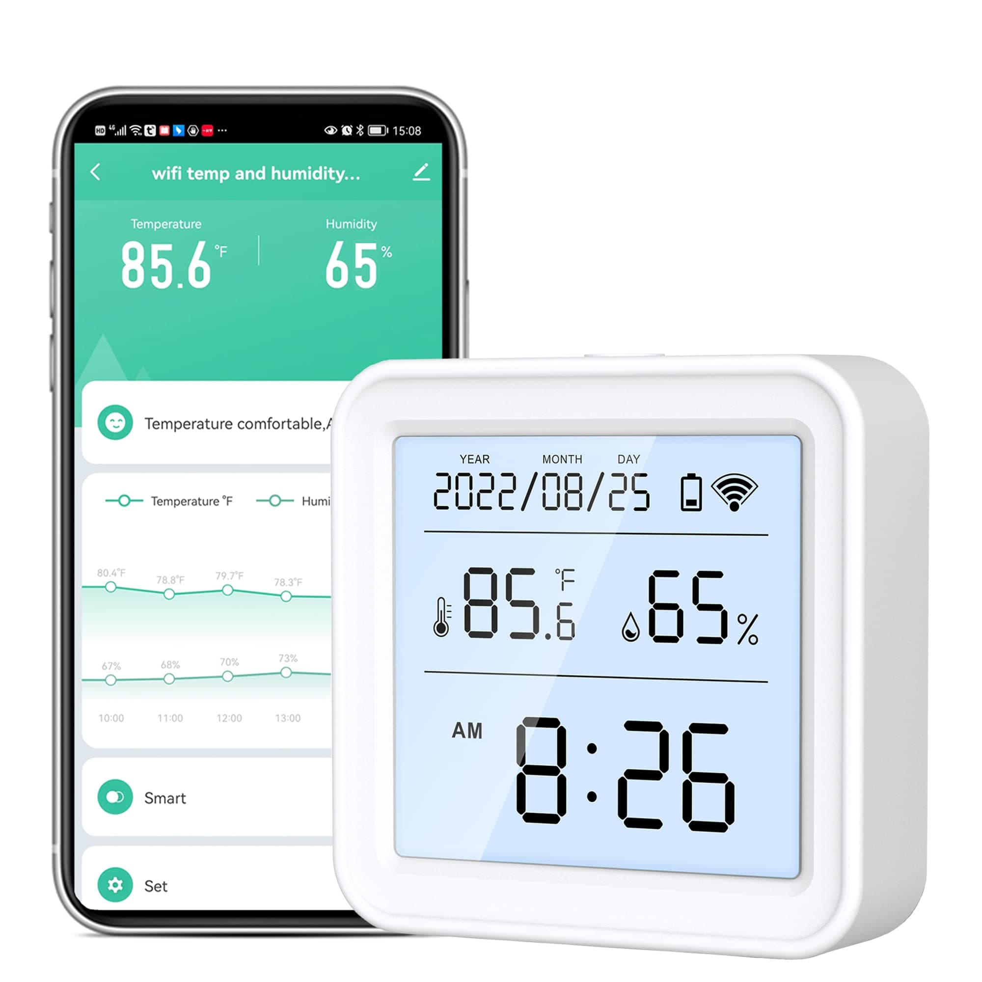 WiFi Thermometer Hygrometer: Digital Indoor Temperature Humidity Monitor with App Notification Alert, Free Data Storage Export, Backlit LCD Screen, Smart Temperature Sensor Compatible with Alexa