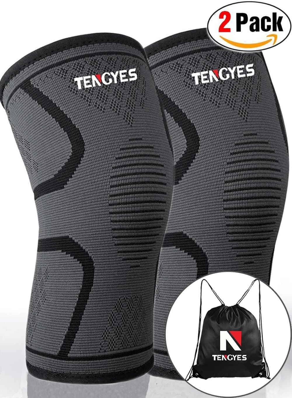 Knee Brace Support Compression Sleeves ( 1 Pair / sackpack ) for Women & Men - Wraps Pads for Arthritis, Weightlifting, ACL, Running, Pain Relief, Injury Recovery, Basketball and More Sports (Large)