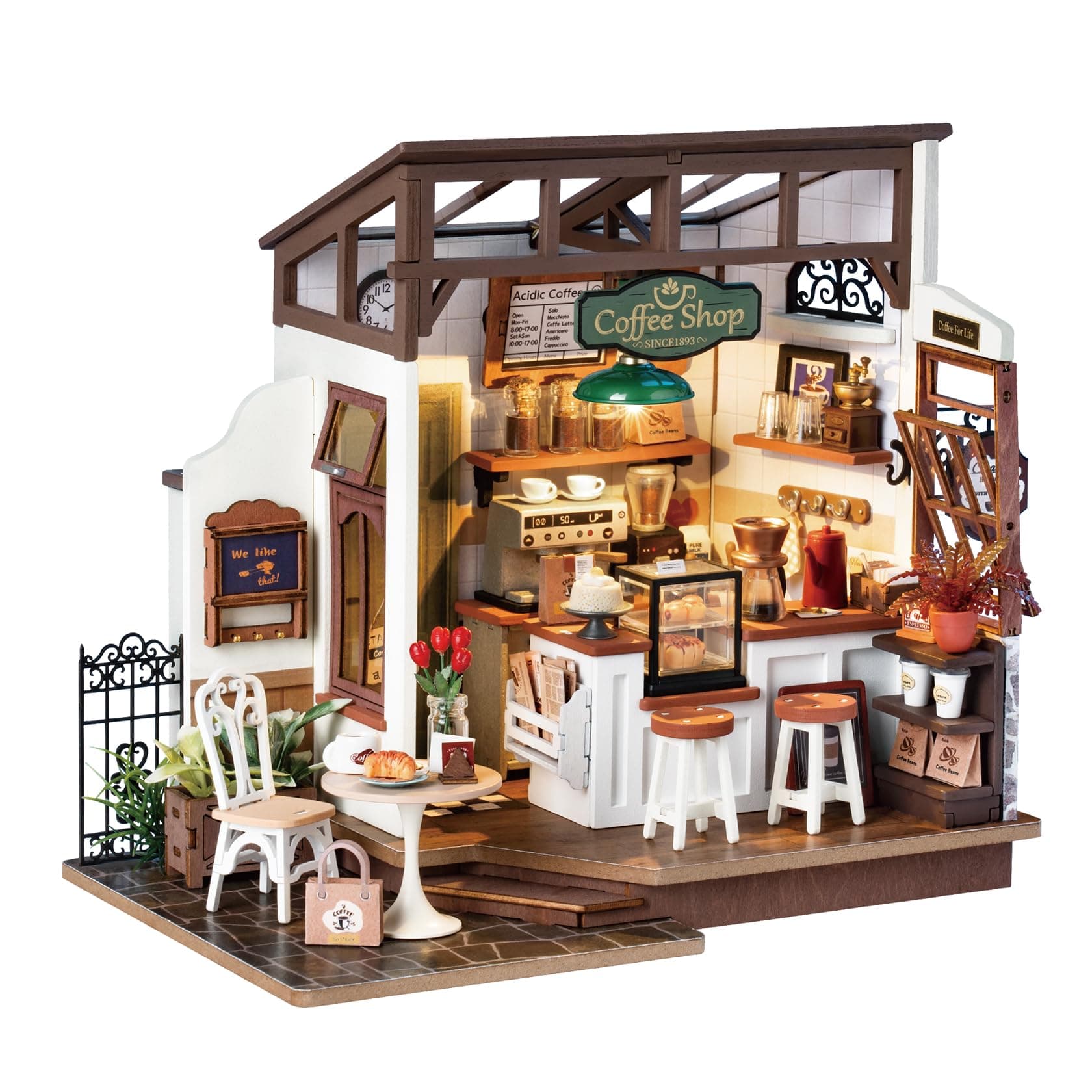 Dollhouses Miniature House Kit with Furniture and LED Light Dollhouse Wooden Model Kits for Adults and Children Building Christmas Gifts for the Family (NO.17 Café)