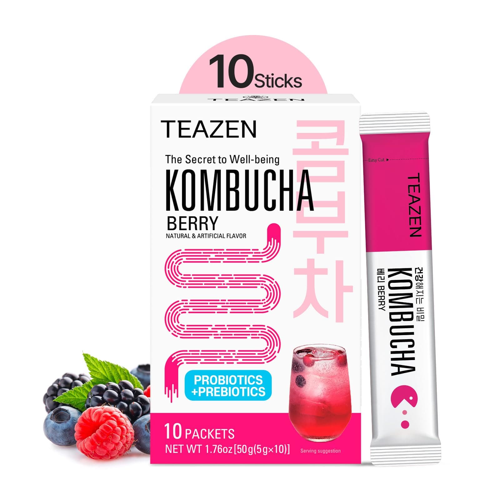 TEAZEN Berry Kombucha Powder, Hydration Drink Mix, Sugar Free, Live Probiotics & Prebiotics, On-the-Go 10 Packets, 1.76oz