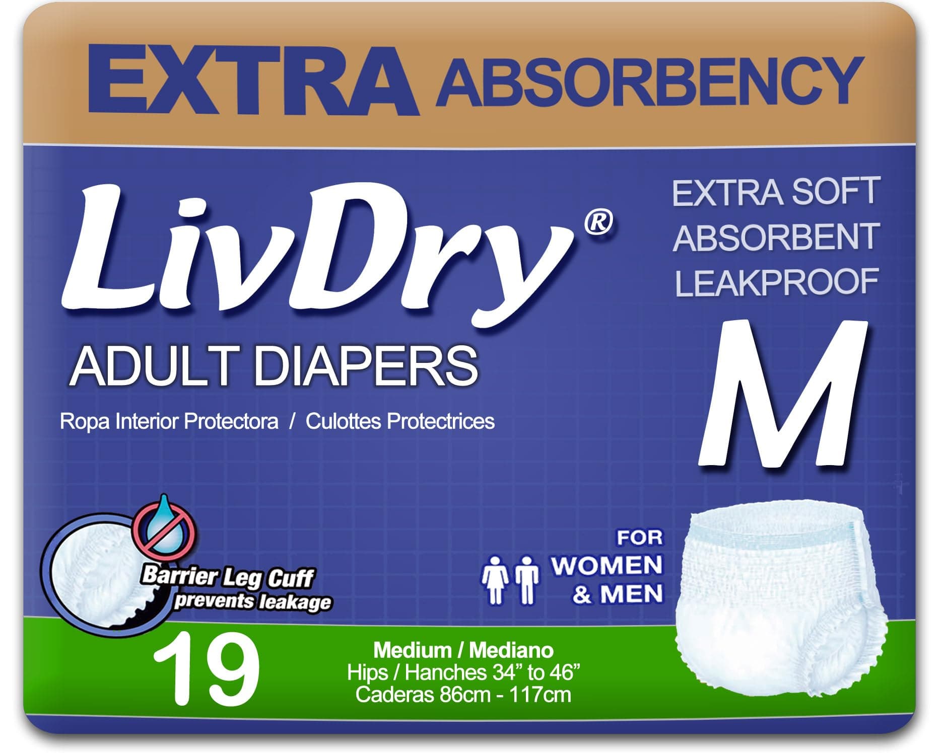 LivDry Adult Incontinence Underwear, Extra Absorbency Adult Diapers, Leak Protection, Medium, 19-Pack