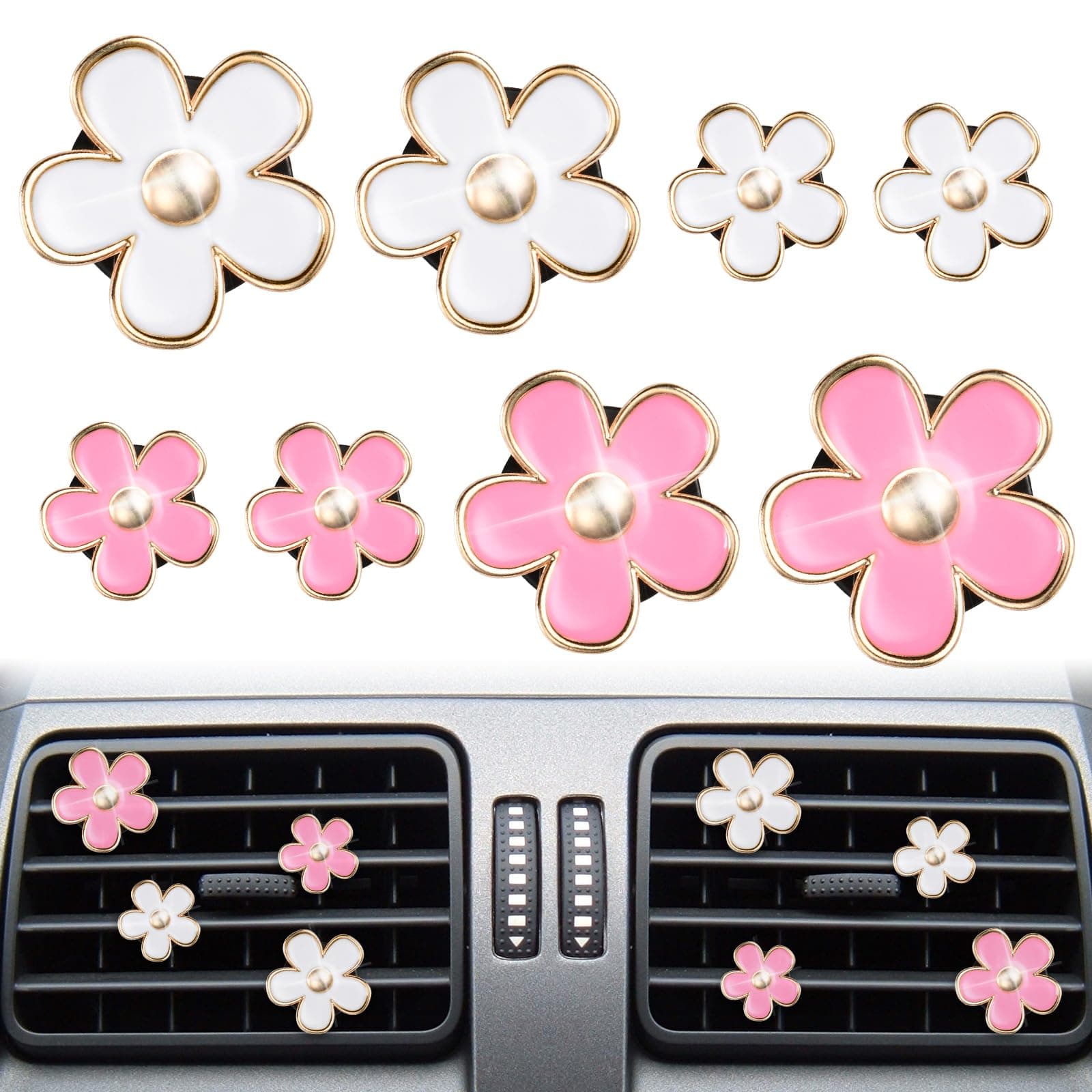 URAQT Daisy Flower Air Vent Clip, 8 PCS Car Air Fresheners, Cute Flower Air Conditioning Outlet Clip, Interior Decor Charm Pink Accessories for Girls Women