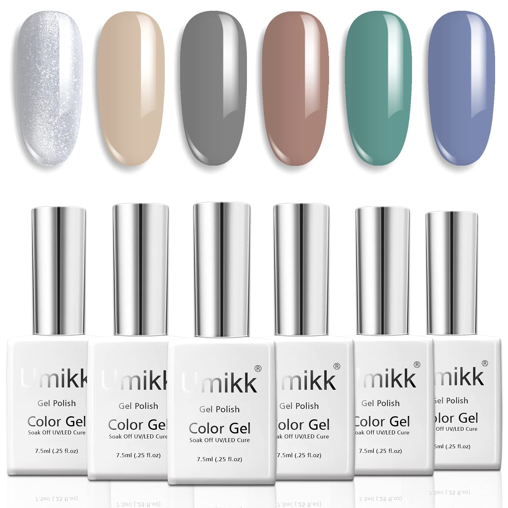 Umikk Gel Nail Polish 6 Colours Set Silver Shimmer Beige Gray Dark Beige Greyish Blue Green Bluish Violet 7.5ml Soak Off UV LED Cure for Nail Art Manicure Pedicure