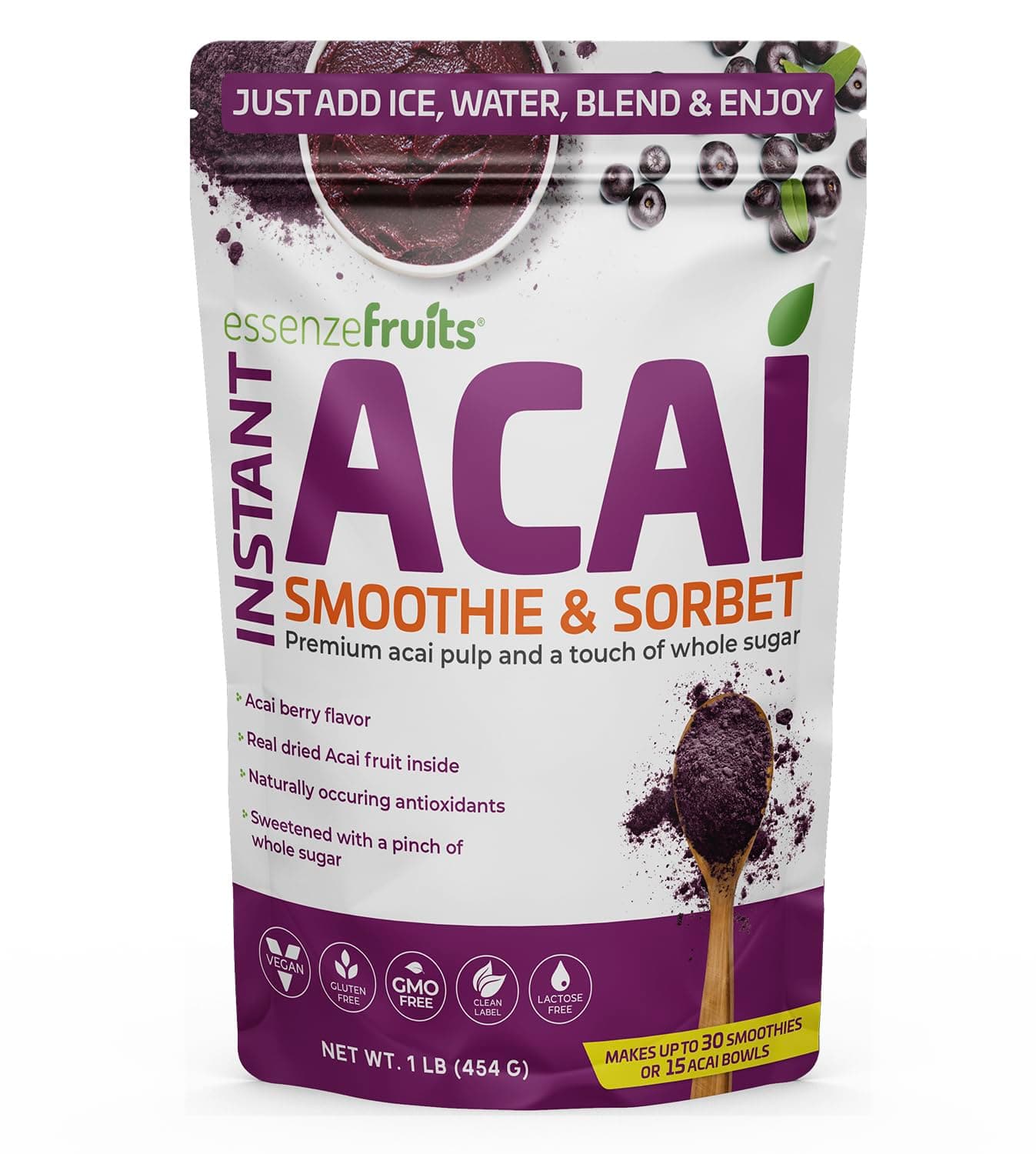 Essenzefruits Instant Acai Powder with Whole Sugar - Designed to blend with Bananas for Smoothies & Acai Bowls, Freeze Dried Brazilian Superberry, Non GMO, Vegan, Gluten Free Superfood (1lb/454g)
