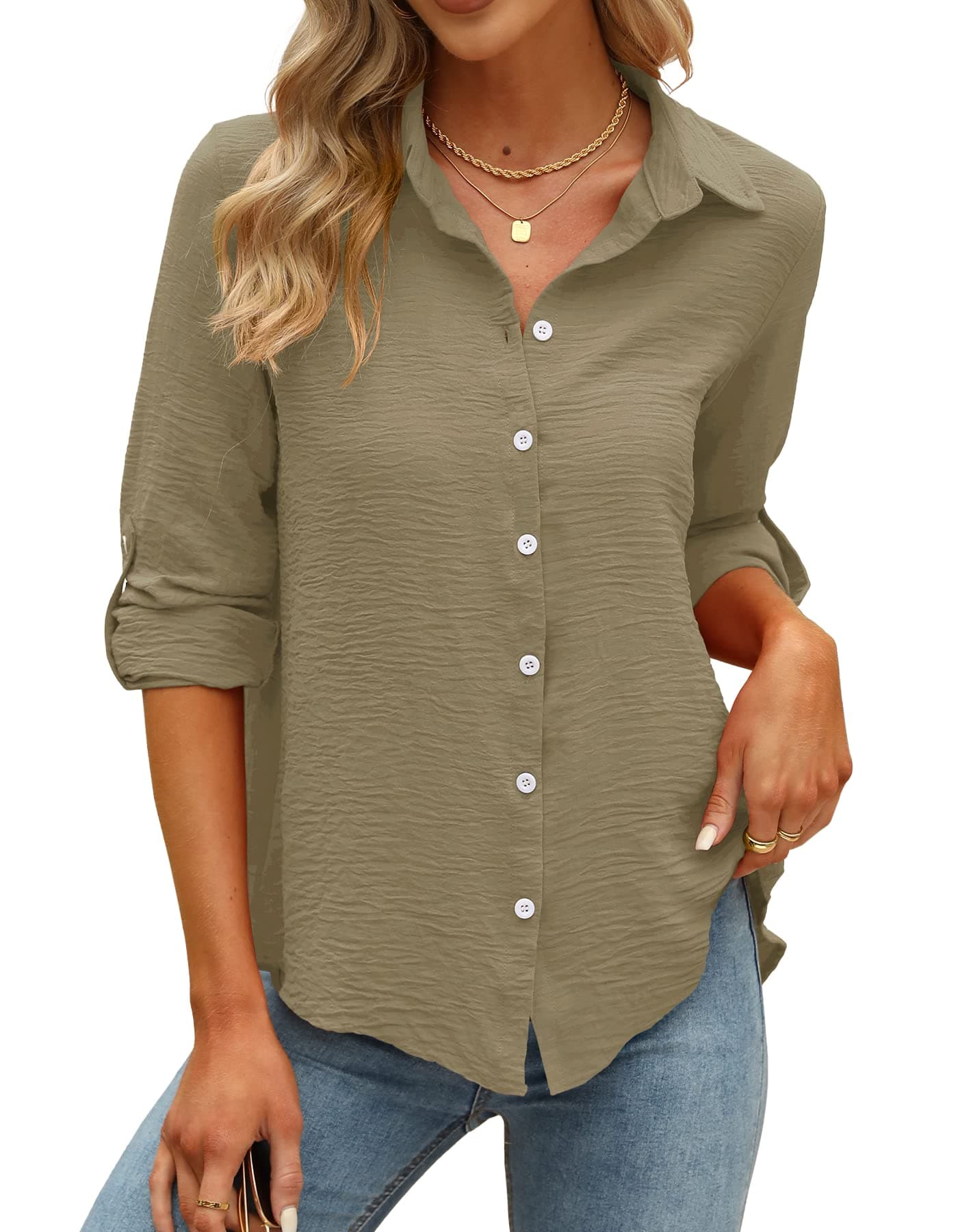 Odosalii Womens Casual Tunic Blouse V Neck Rolled Up Sleeve Chiffon Elegant Plain Loose Button Down Shirts Polo Tops