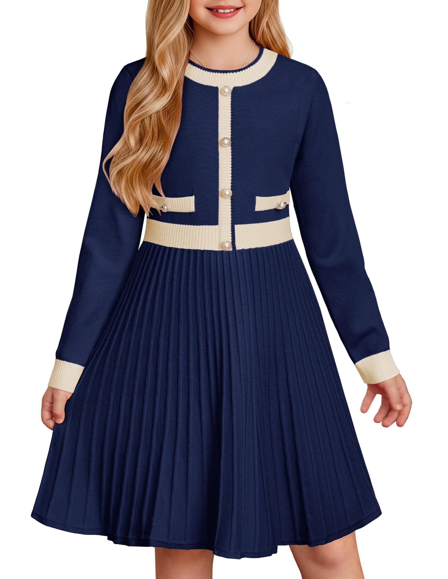 Girls Sweater Fall Dress Long Sleeve Knit A Line Contrast Casual Winter Dresses 6-14Y