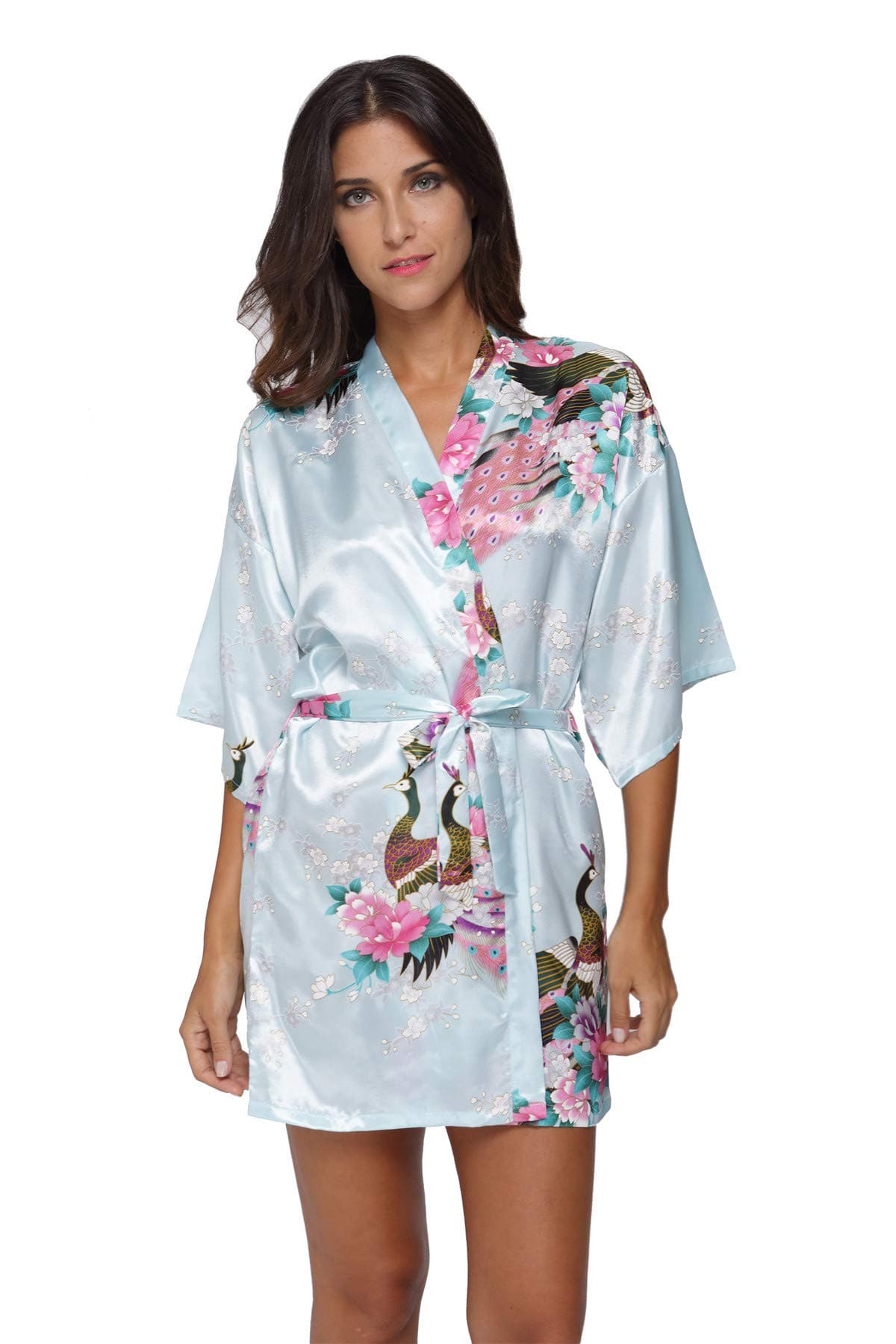 Original Kimono Women's Short Satin Kimono Robe Floral Peacock Patterned Bathrobe Silky Bridal Nightwear