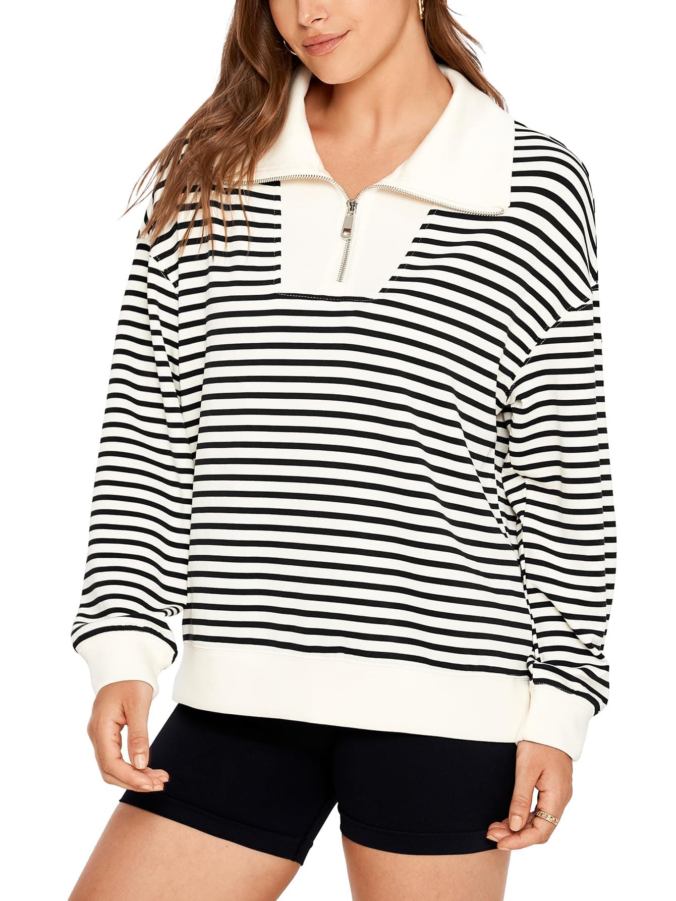 GlamakerWomens Striped Quarter Zip Sweatshirt Casual Long Sleeve Lapel Pullover Tops Fall Outfit Trendy Fashion Clothes