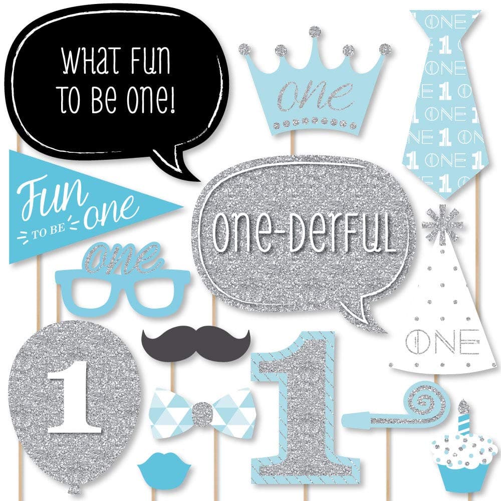 1st Birthday Boy - Fun to be One - First Birthday Party Photo Booth Props Kit - 20 Count
