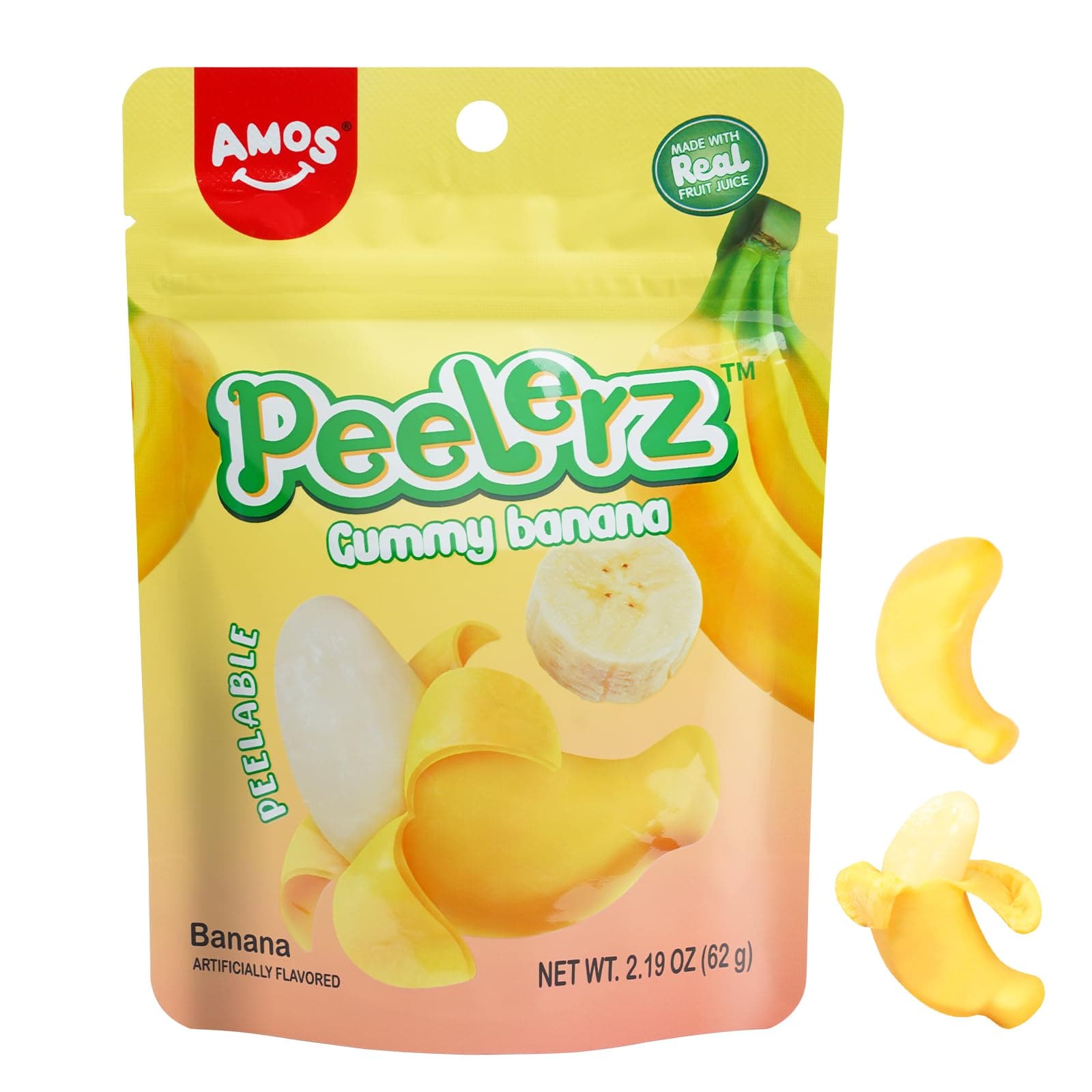 Amos Peelable Banana Gummies, Banana Peeling Candy, Peelerz Fruit Snacks Fat Free, Resealable 2.19oz Bag