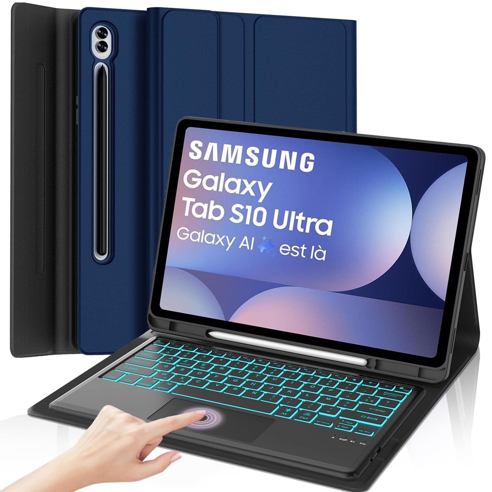 OYOSUOGG タッチパッド Galaxy Tab S10/S9/S8 Ultraキーボードケース、7色バックライトキーボード付きケース、スマート保護カバー Sペンホルダー 自動スリープ/ウェイク機能、ネイビー