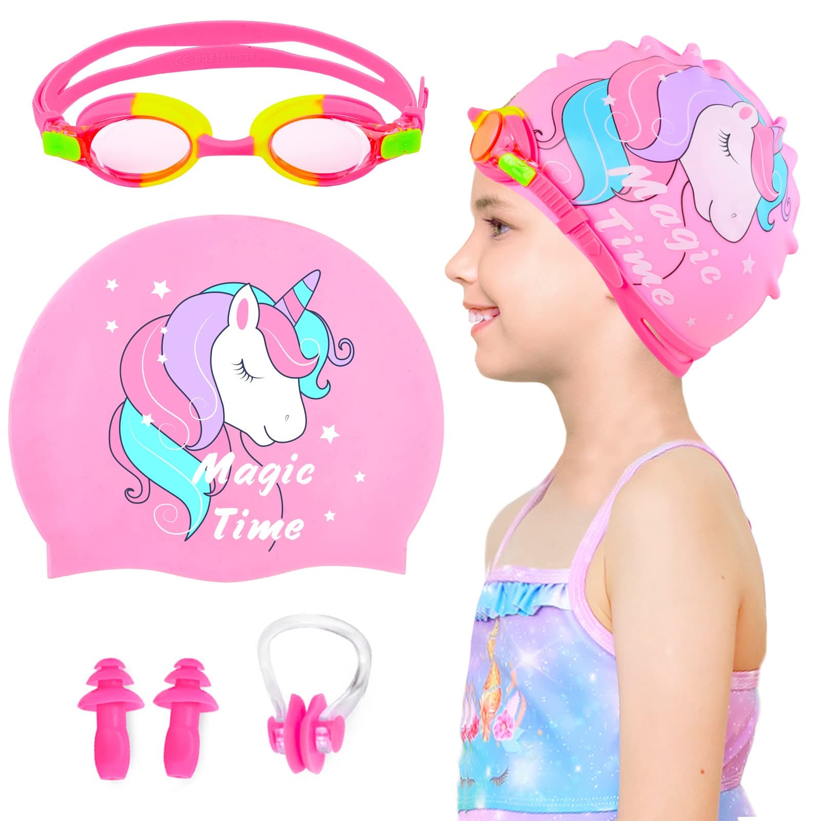 Kids Swim Caps for Girls (Age 2-6), Durable Waterproof Silicone Swimming Cap for Short Hair with Swimming Goggles, Ear Plug and Nose Clip