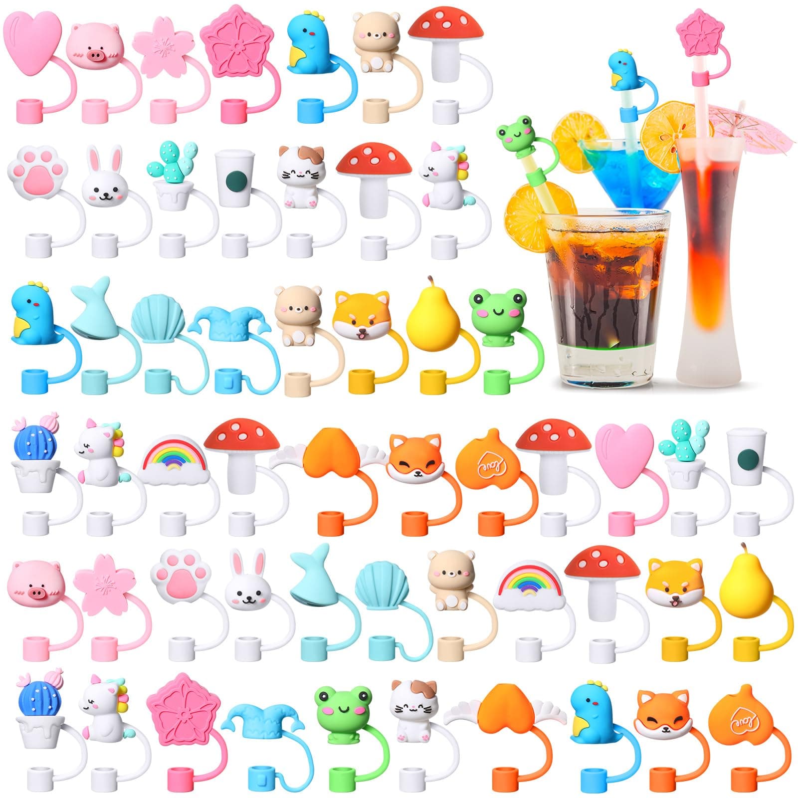 Dandat 100 Pcs 6-8mm Straw Toppers Bulk Soft Silicone Straw Covers Cap Summer Party Favor Reusable Drinking Tips Lids Portable Dust Proof Protectors Plugs for Cup Tumblers, 25 Lovely Cute Shapes