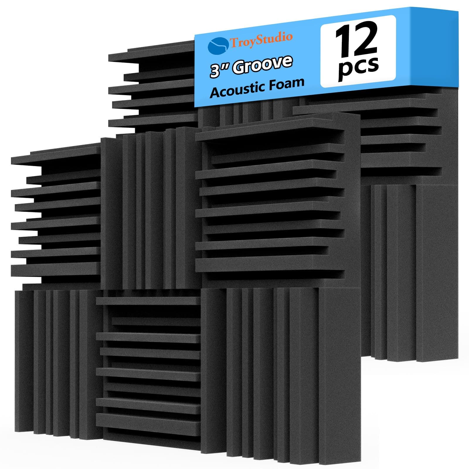 TroyStudioThick Acoustic Foam Panels, 12 X 12 X 3 Inch 12 Pcs Broadband Sound Absorbing Foam, Dense Soundproof Padding Tile, Recording Studio Foam Absorber, Groove Decorative 3D Wall Ceiling Panel