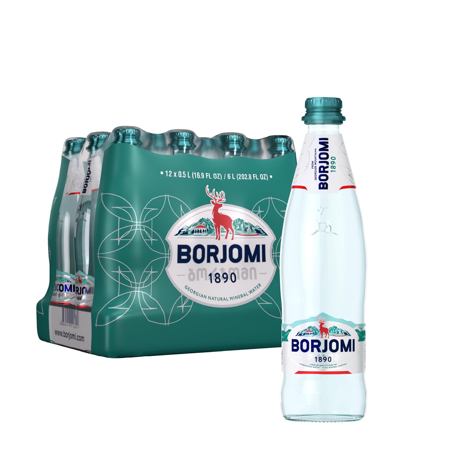 Borjomi Sparkling Natural Mineral Water with Natural CO2 Added, 16.9 fl oz. (12 pack) Glass