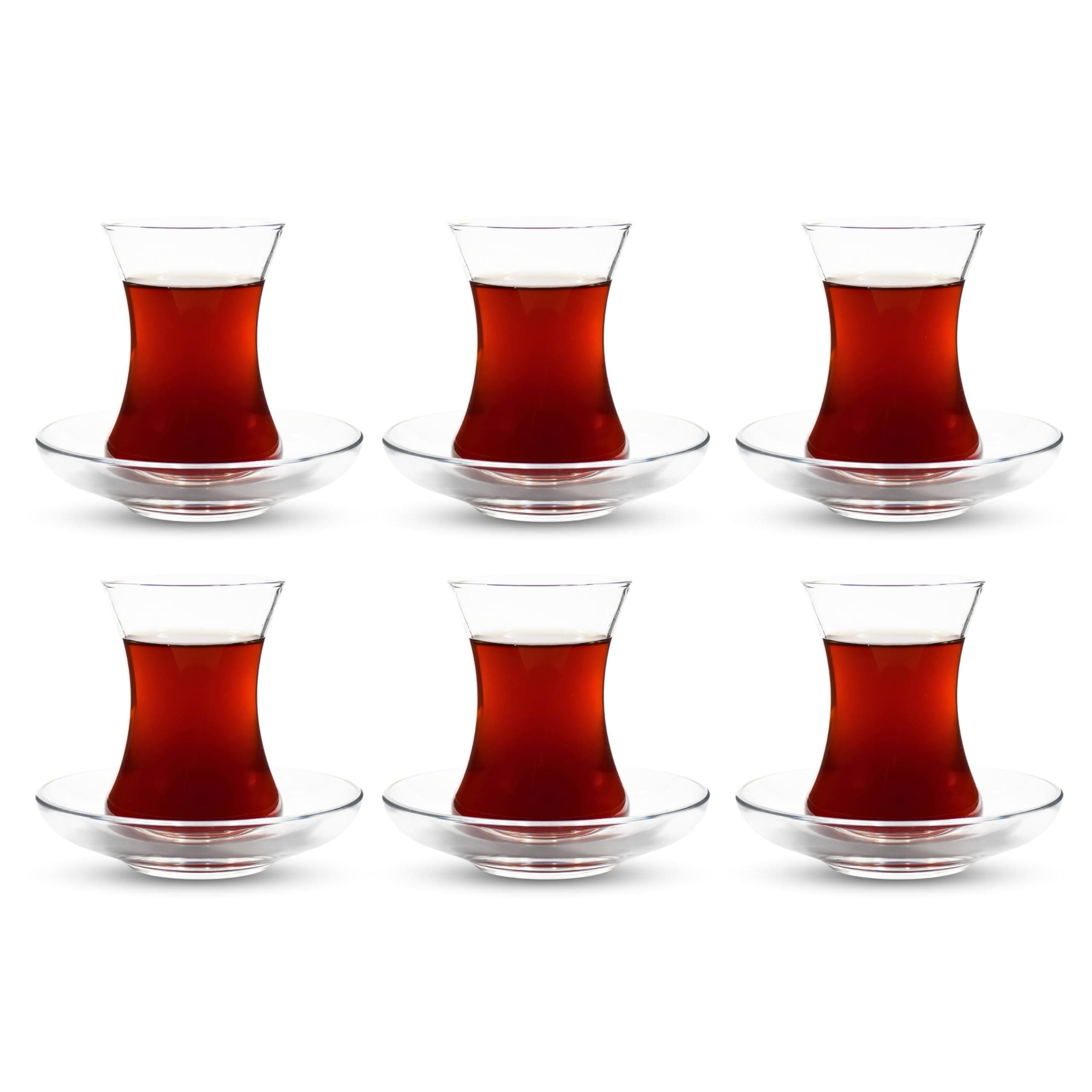 Turkish Tea Glass Set - Slim Waist Design and Thick Sole Prevent the Tea From Getting Cold, Easy to Hold, For 6 Peoples, 6 Saucers 6 Glasses, Coffee Glasses, Useful Tea Set, (Set of 12)