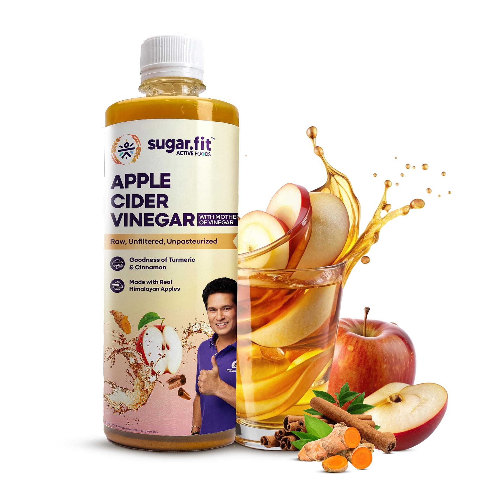 Sugar.fit Apple Cider Vinegar with The Mother raw, unfiltered & unpasteurised ACV Infused with Turmeric & Cinnamon, helps boost immunity, digestion, manage weight, reduce bloating, supports healthy skin and hair - 500ml (Pack of 1)