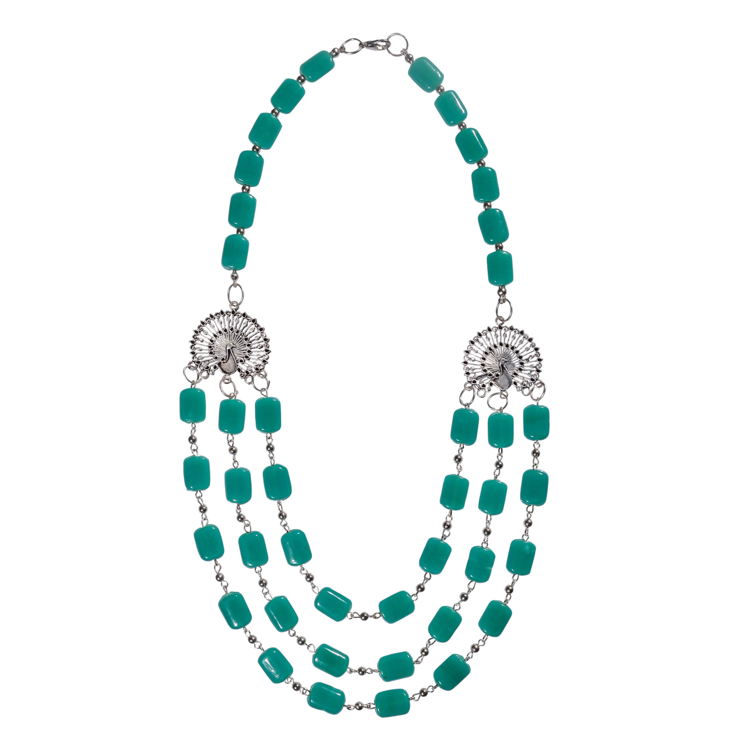 Yuvanta Bottle Green & Silver Layered Beaded Necklace for Women