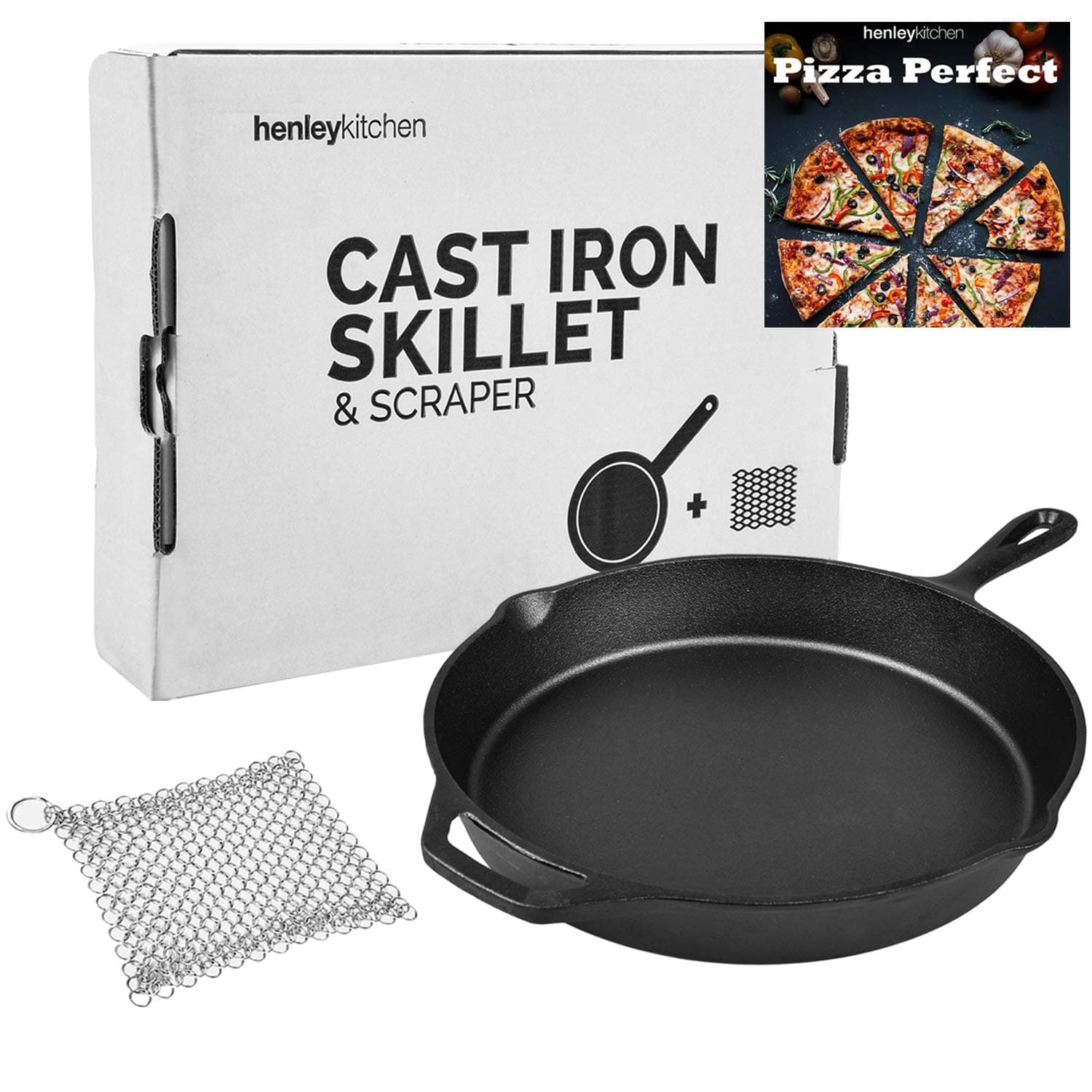 Henley Kitchen - Pre-Seasoned Cast Iron Skillet - 12 Inch - Classic Cast Iron Frying Pan with Stainless Steel Cast Iron Cleaner and Cast Iron Pizza eCookBook