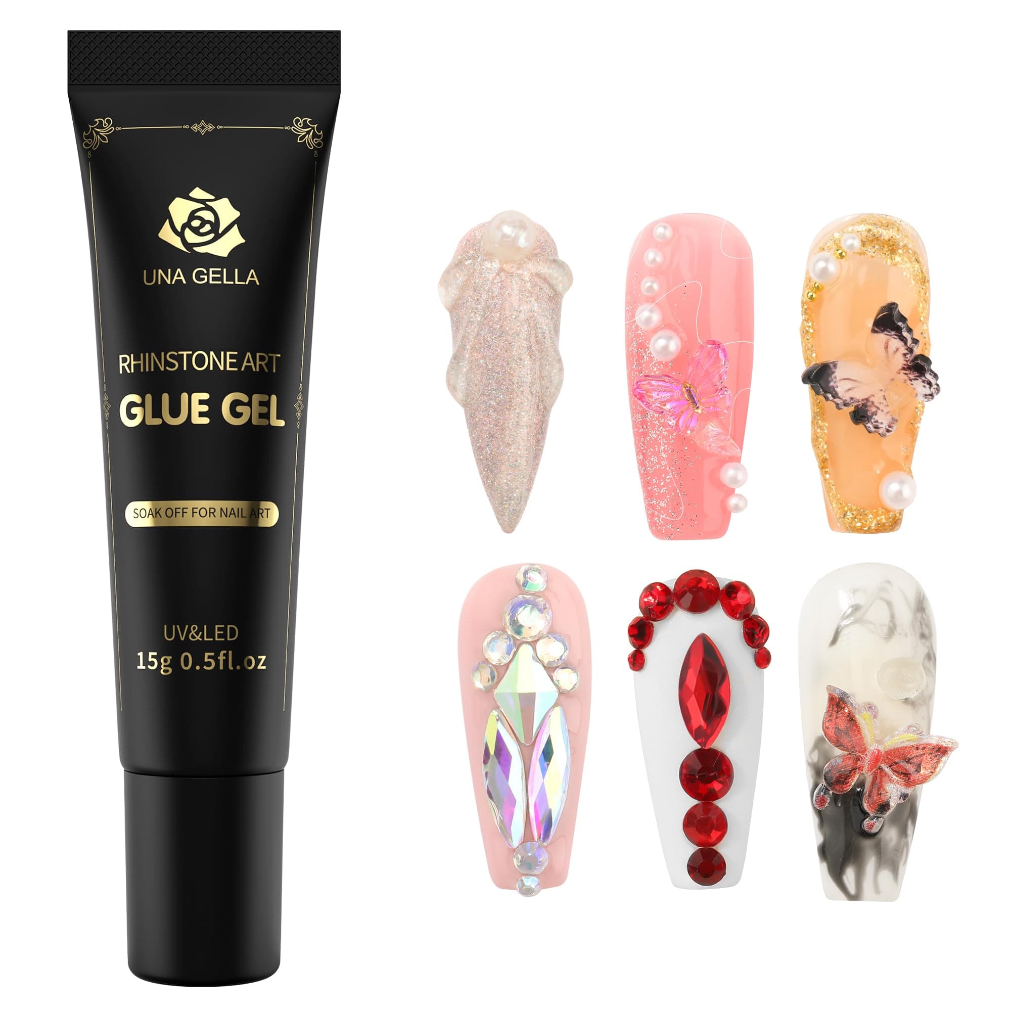 UNA GELLA Rhinestone Gel Glue - Super Strong, No Wipe, 15ML, 1Pcs - Ideal for Nail Art, Jewels, Beads, Crystals & Diamonds - Cured Need Gift