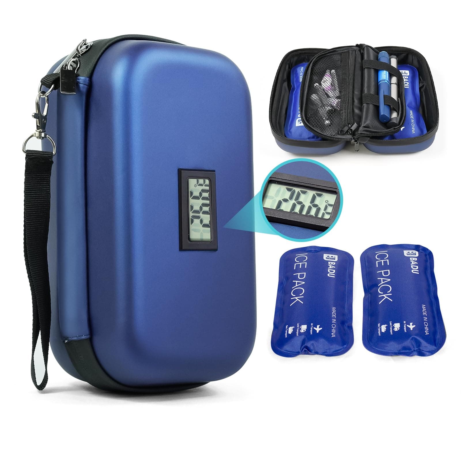 TSA Approved Insulin Cooler Case Medication Cooler for with Temperature Display Diabetic Medication Organizer Medical Travel Cooler Bag with 2 Ice Pack (Blue)